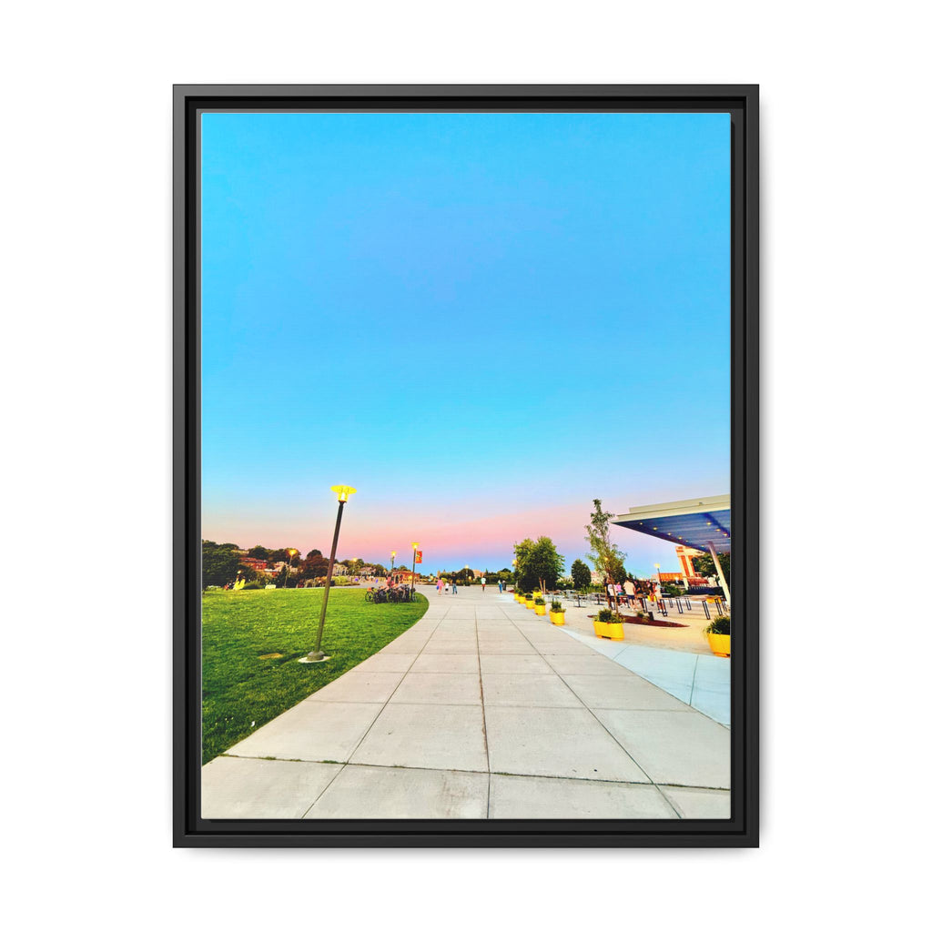 Sunset Promenade Matte Framed Canvas — Pastel Sky Walkway Wall Art
