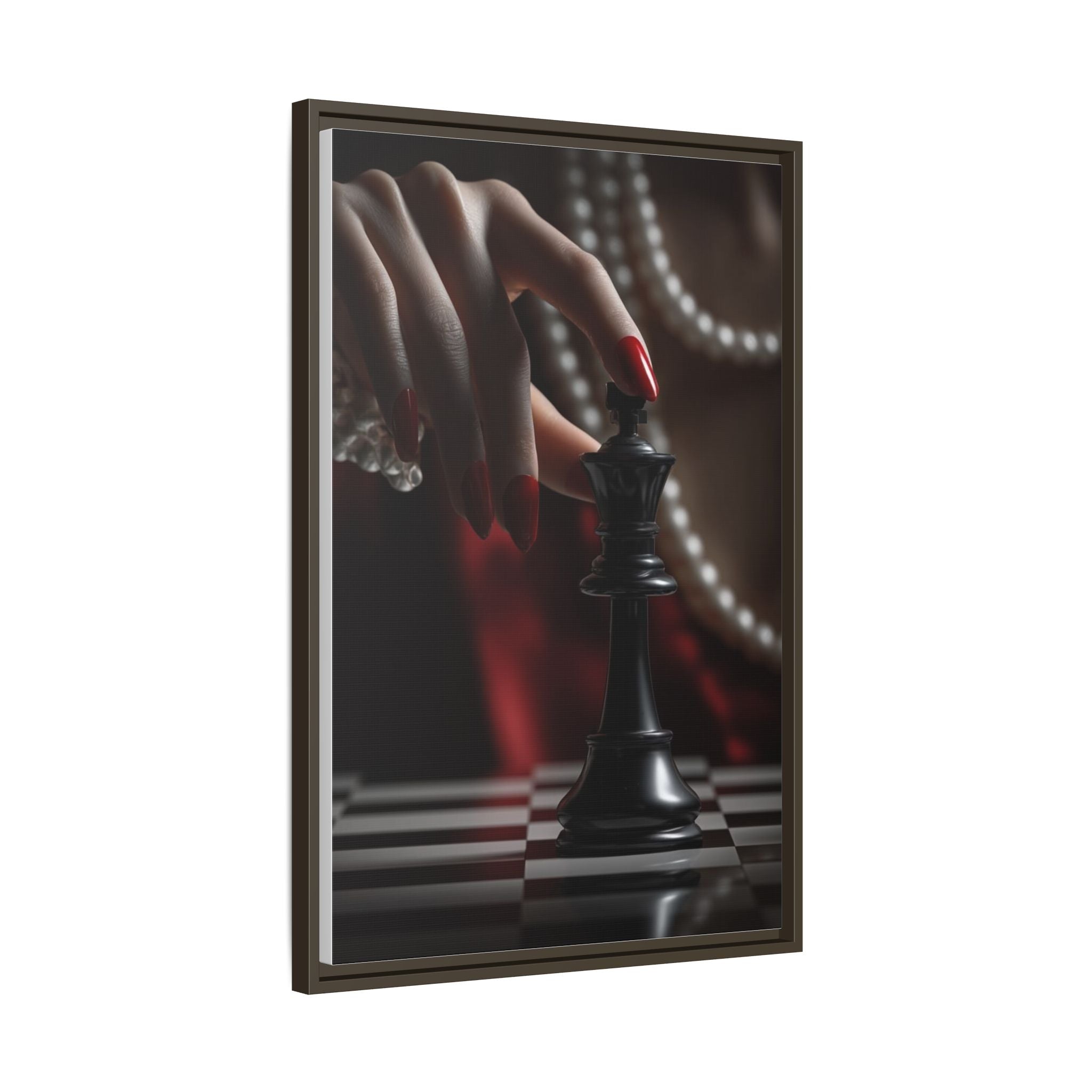 Framed Matte Canvas Art — Femme Hand & Chess King (Pearls, Noir Glam)