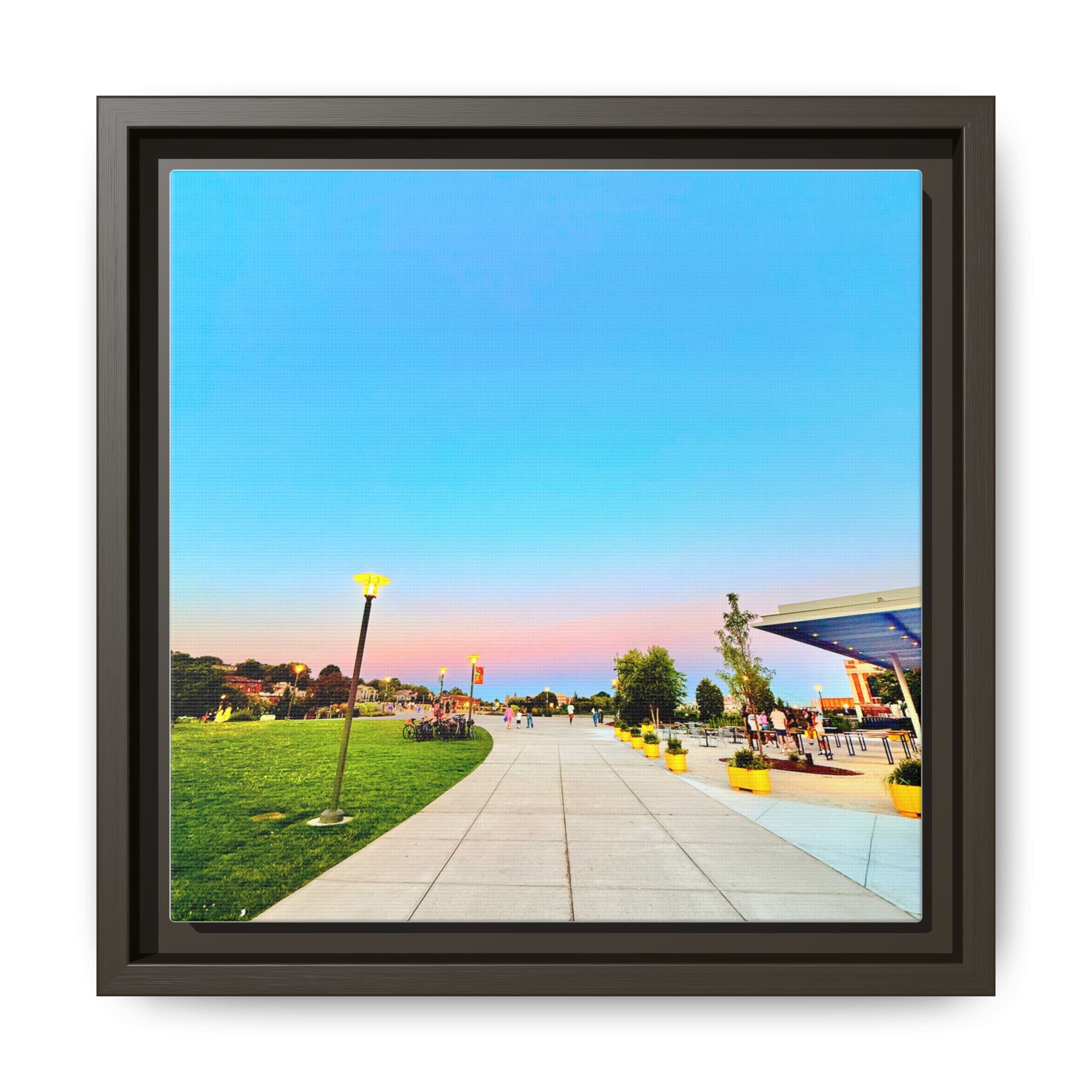 Sunset Promenade Matte Framed Canvas — Pastel Sky Walkway Wall Art