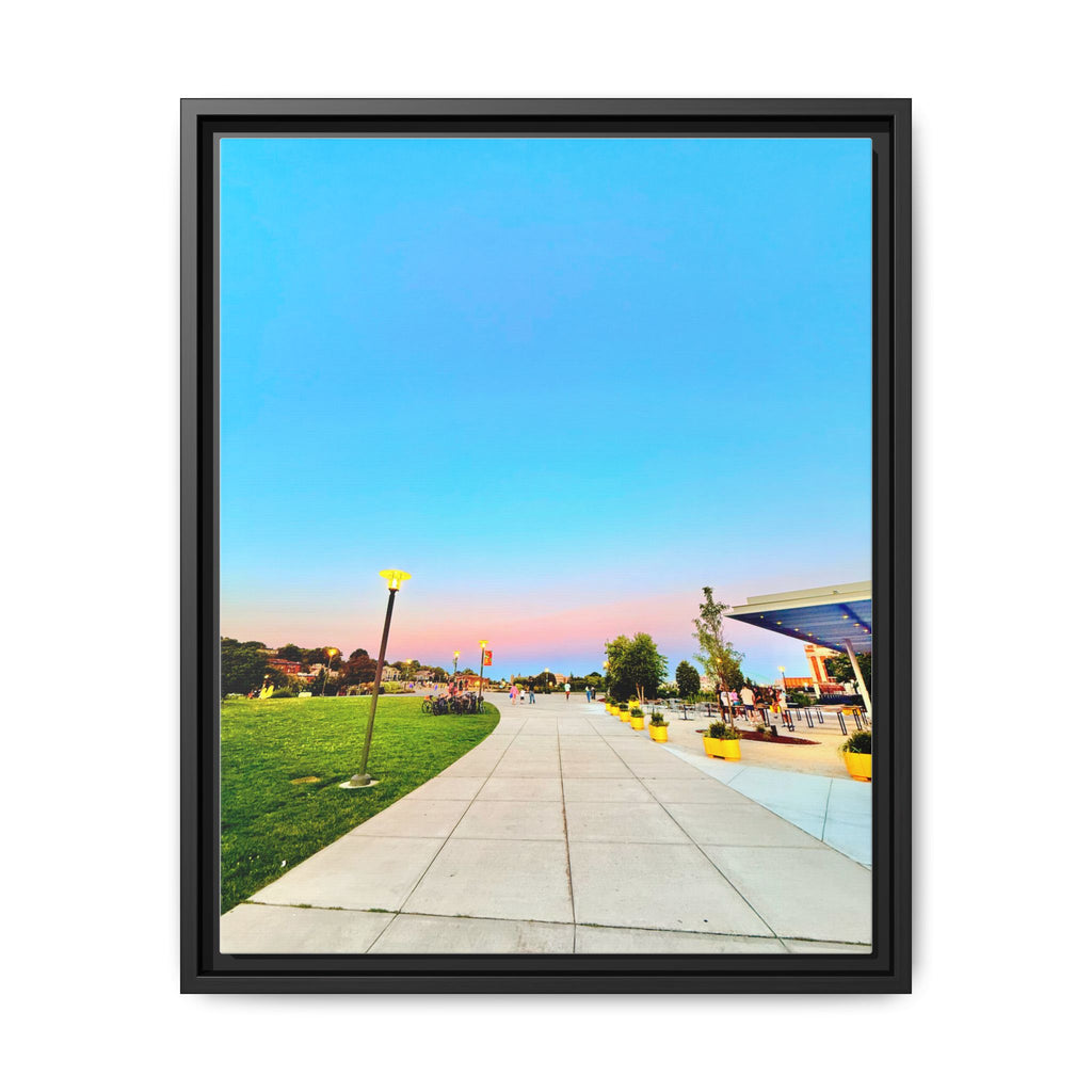Sunset Promenade Matte Framed Canvas — Pastel Sky Walkway Wall Art