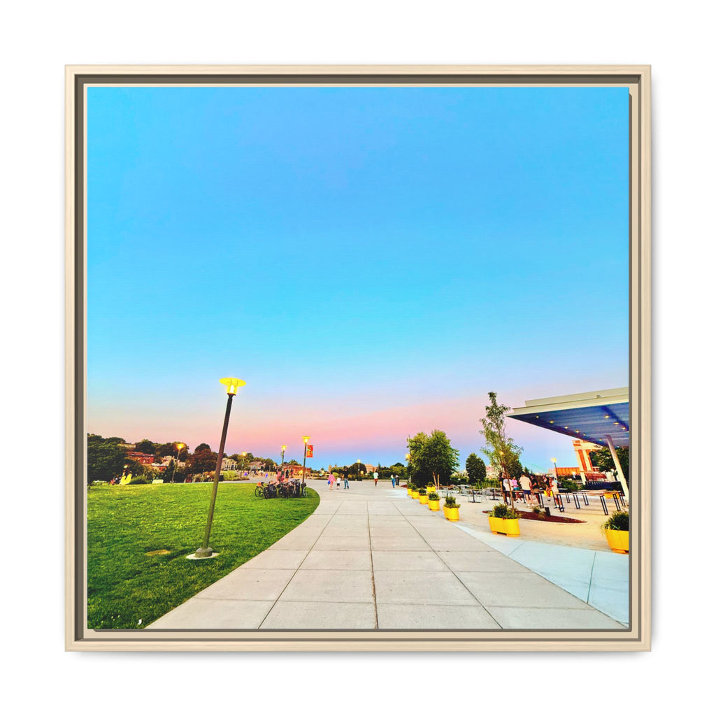 Sunset Promenade Matte Framed Canvas — Pastel Sky Walkway Wall Art