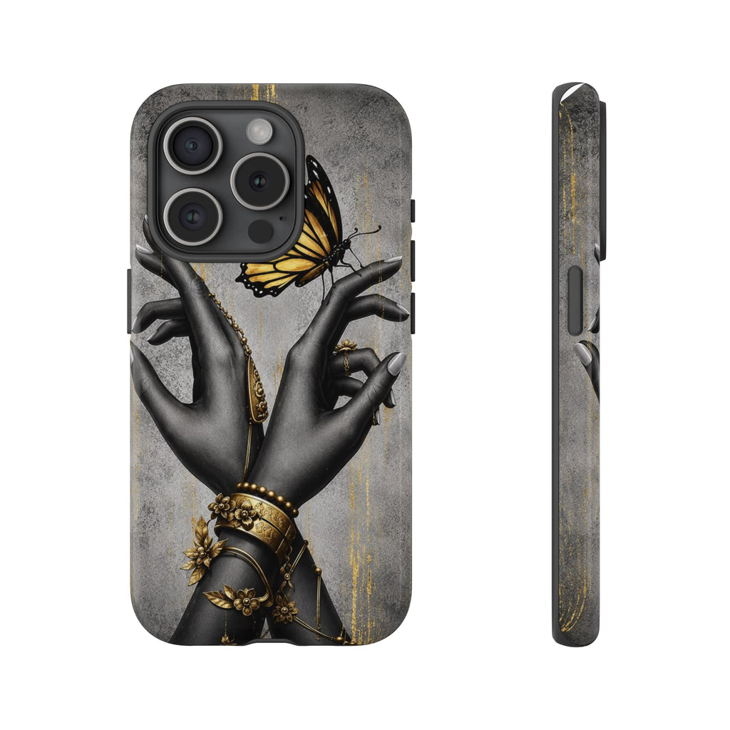 Artistic Black Hands & Golden Butterfly Phone Case – Protective Tough Case