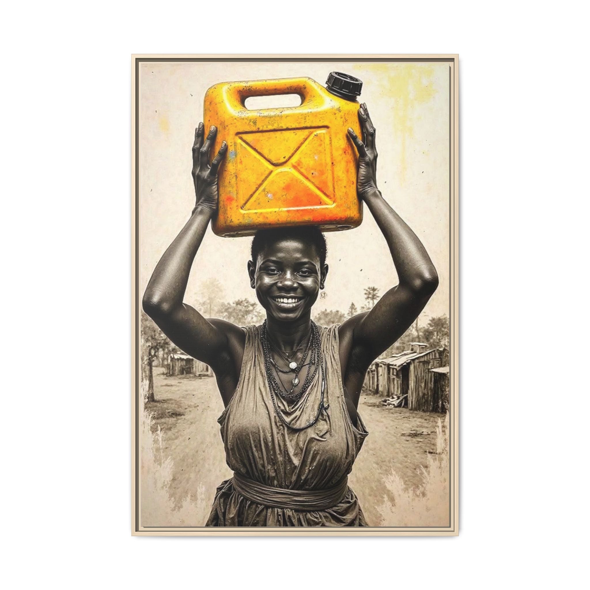 Framed Canvas Art - Joyful Woman Carrying Yellow Water Jerrycan