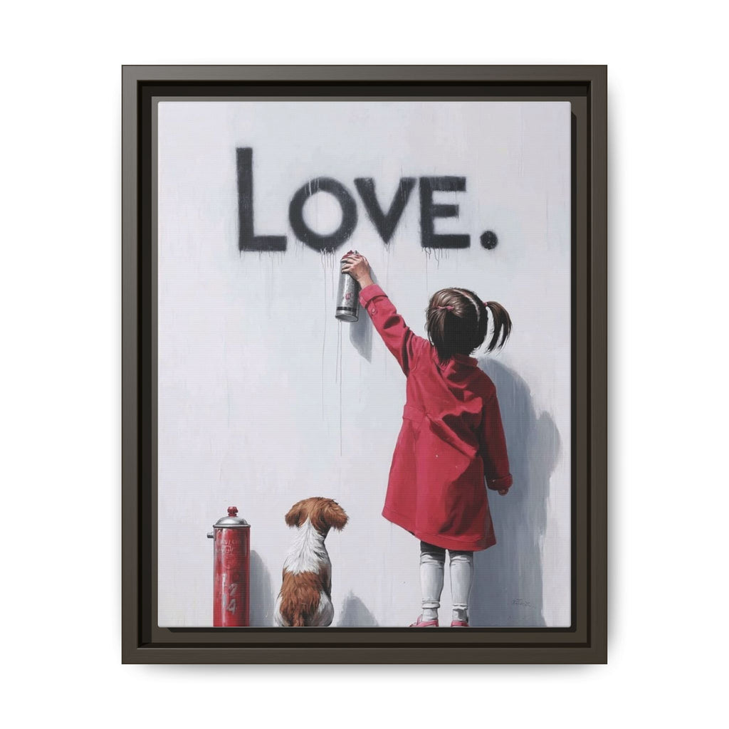 'LOVE.' Girl Spray-Painting with Dog- Framed Canvas Art