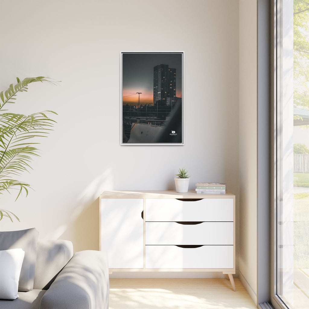 Framed Matte Canvas Print — Urban Sunset High-Rise Photography
