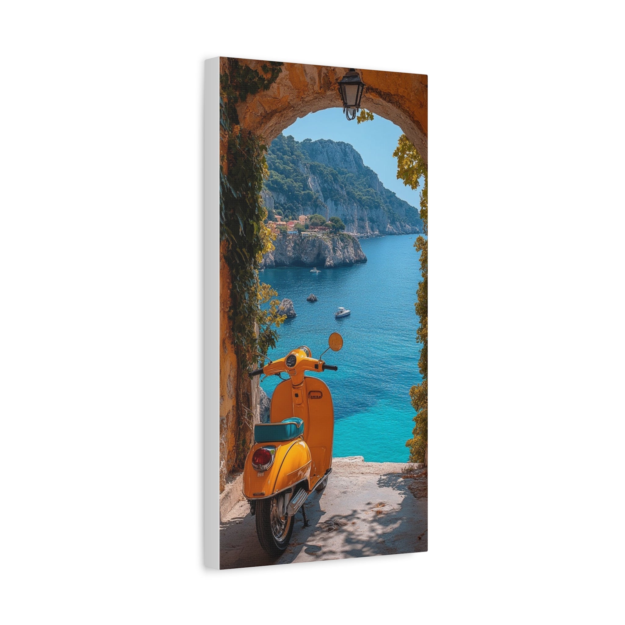 Mediterranean Scooter Canvas Print – Sunny Coastal Archway Wall Art
