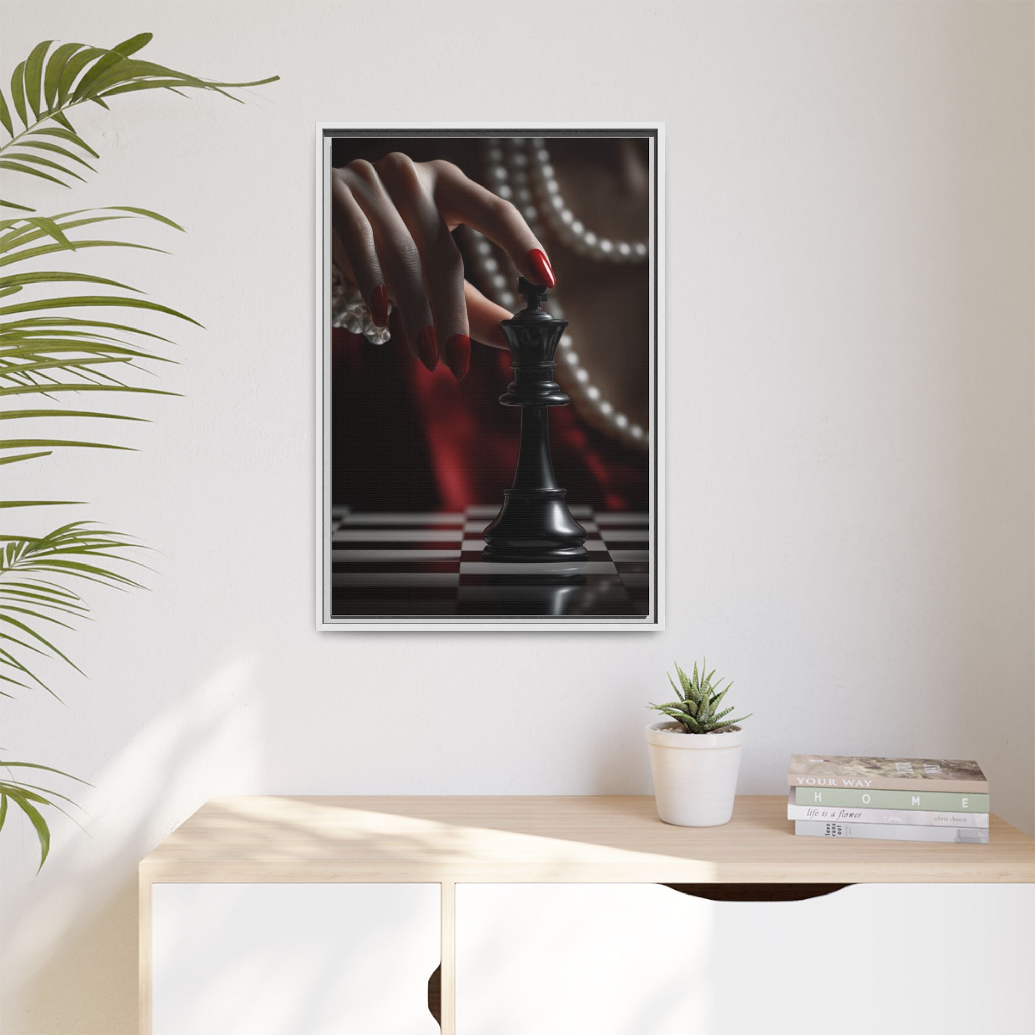 Framed Matte Canvas Art — Femme Hand & Chess King (Pearls, Noir Glam)