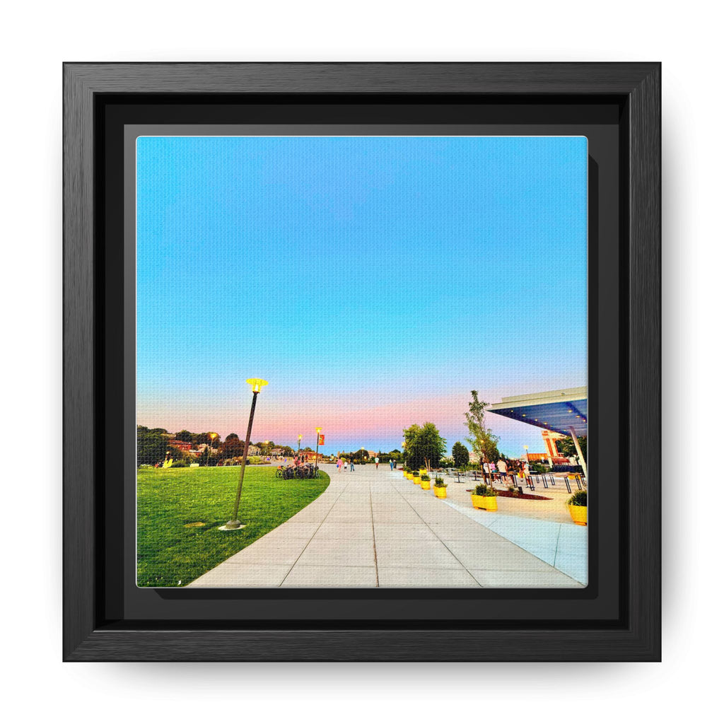 Sunset Promenade Matte Framed Canvas — Pastel Sky Walkway Wall Art