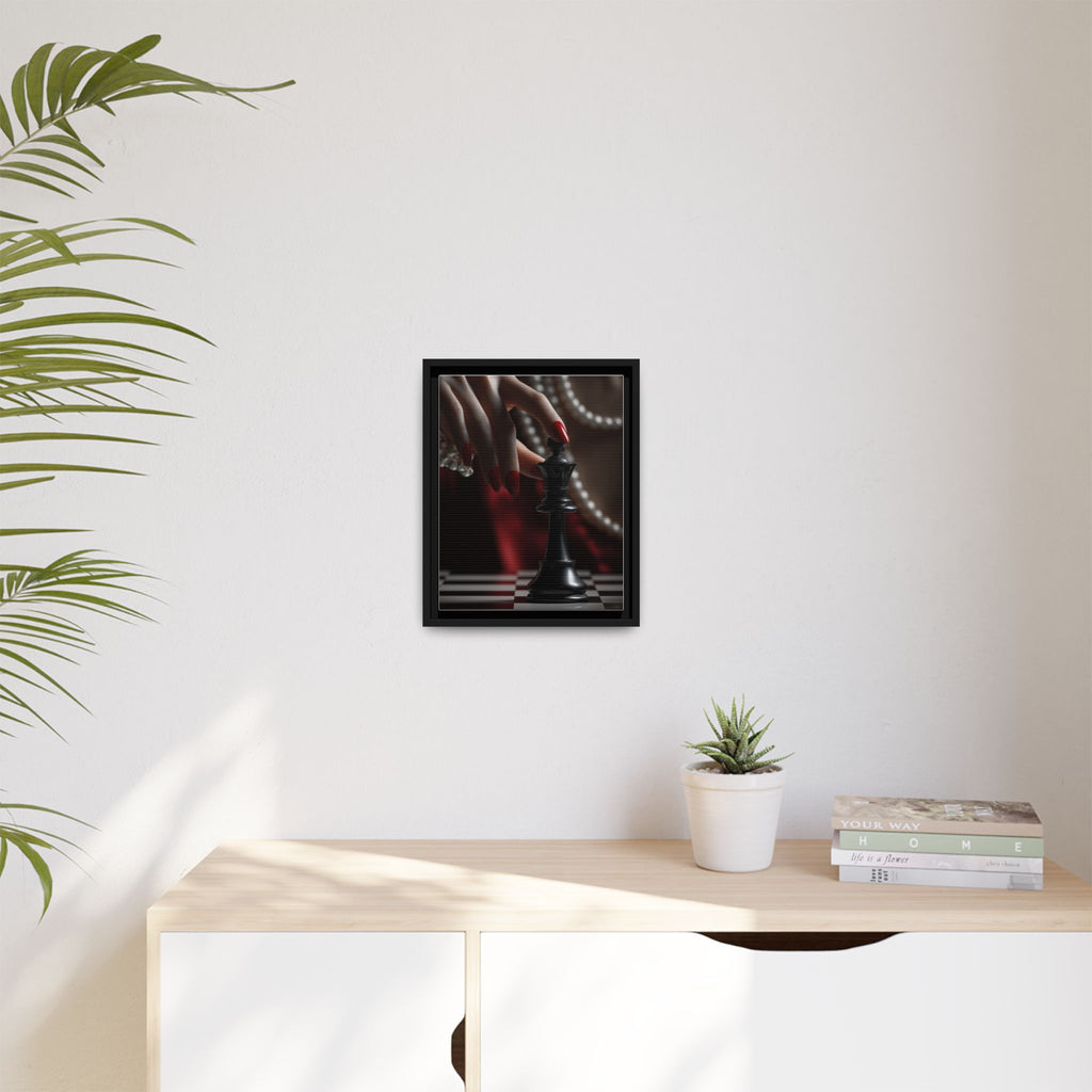 Framed Matte Canvas Art — Femme Hand & Chess King (Pearls, Noir Glam)