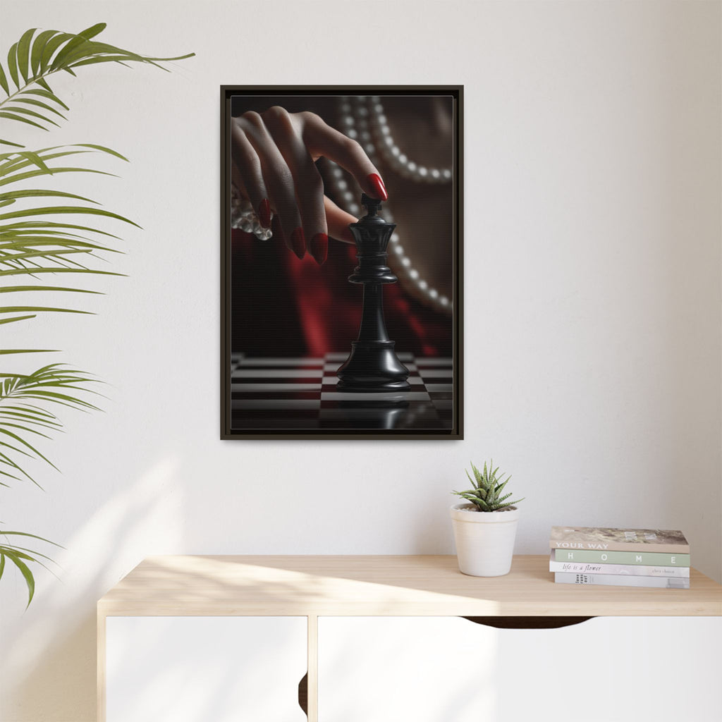Framed Matte Canvas Art — Femme Hand & Chess King (Pearls, Noir Glam)