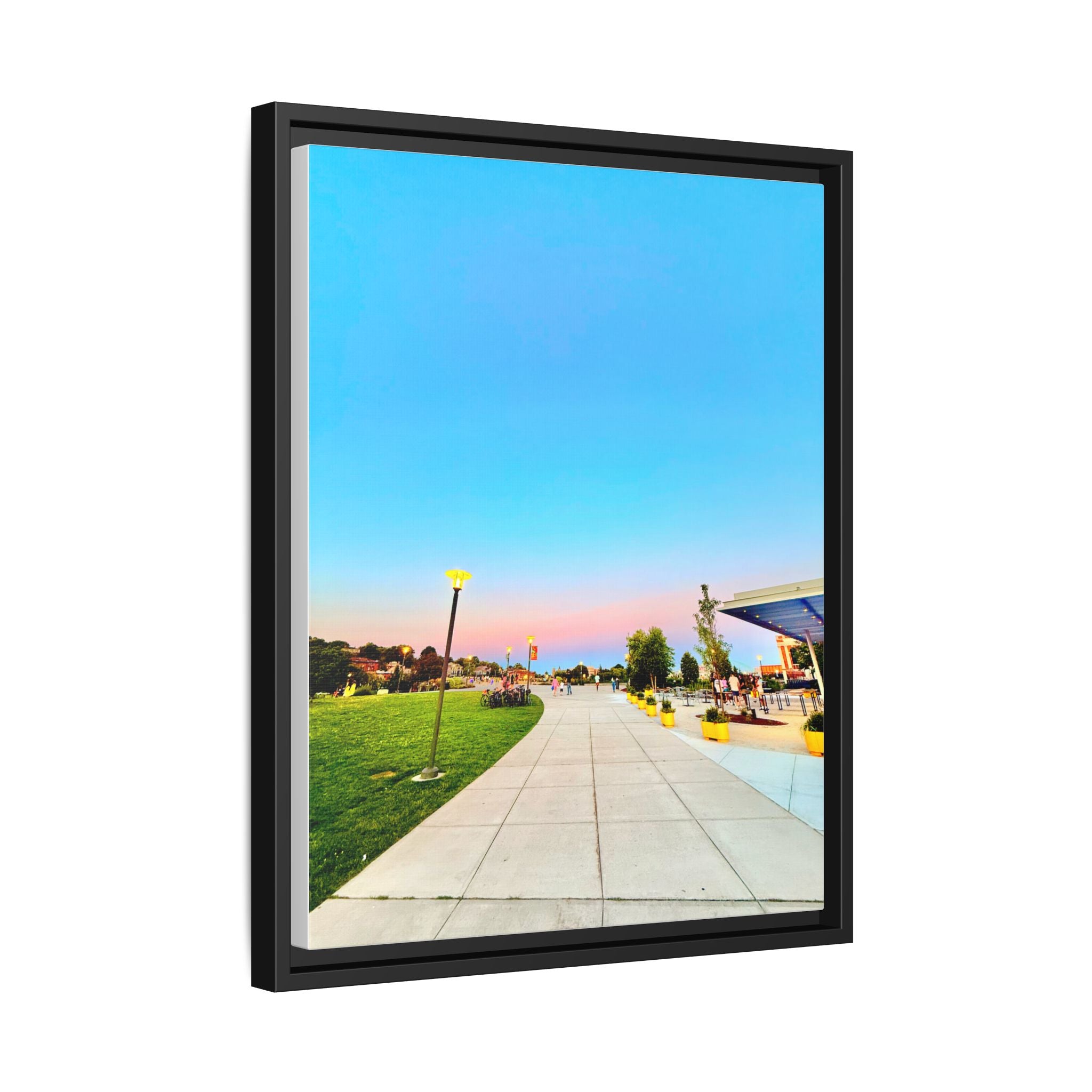 Sunset Promenade Matte Framed Canvas — Pastel Sky Walkway Wall Art