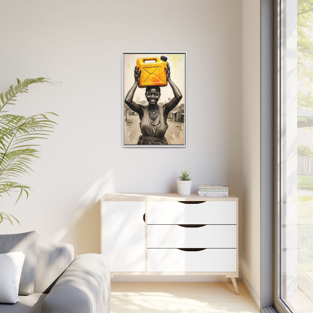 Framed Canvas Art - Joyful Woman Carrying Yellow Water Jerrycan