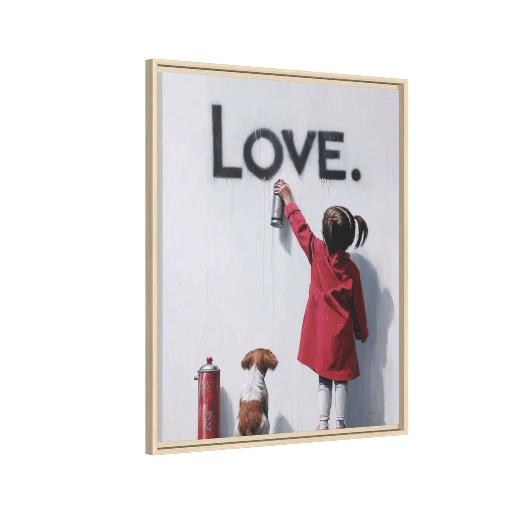 'LOVE.' Girl Spray-Painting with Dog- Framed Canvas Art