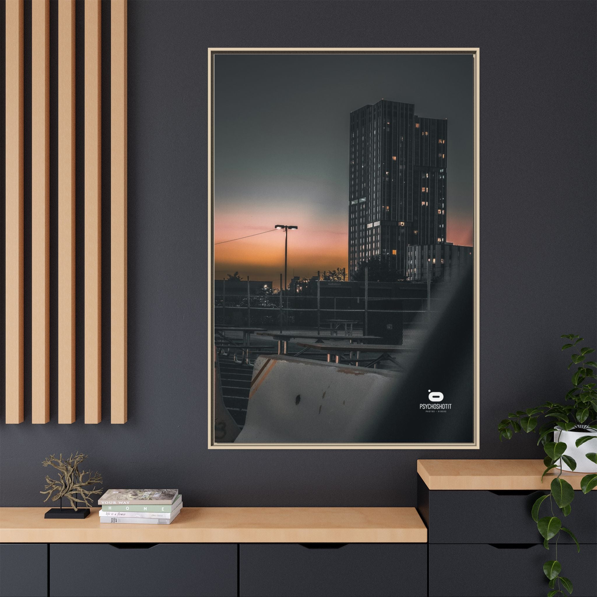 Framed Matte Canvas Print — Urban Sunset High-Rise Photography