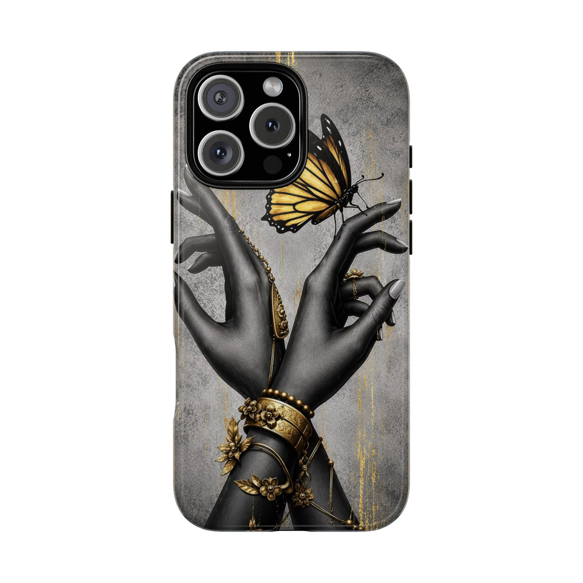 Artistic Black Hands & Golden Butterfly Phone Case – Protective Tough Case