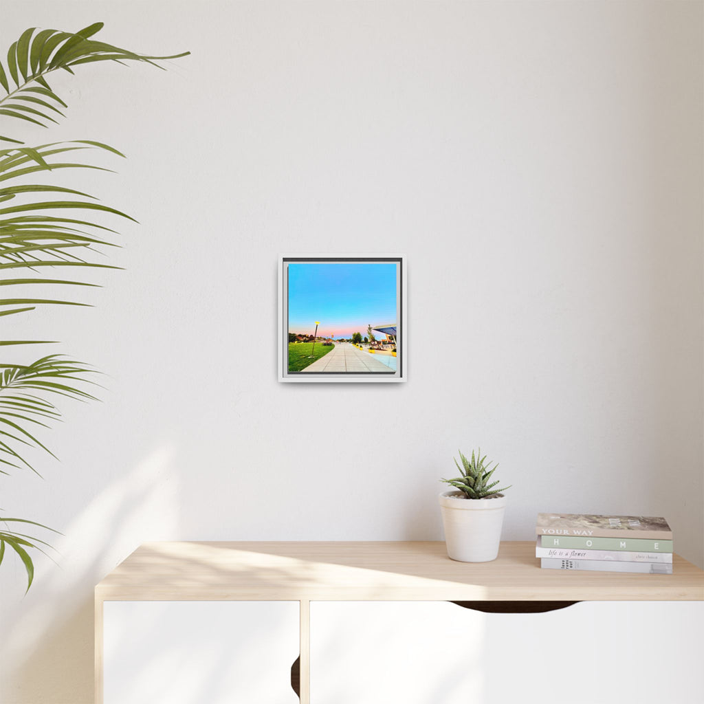 Sunset Promenade Matte Framed Canvas — Pastel Sky Walkway Wall Art