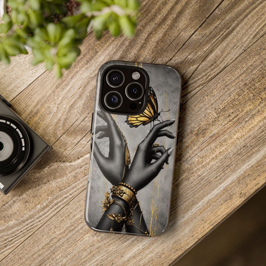 Artistic Black Hands & Golden Butterfly Phone Case – Protective Tough Case
