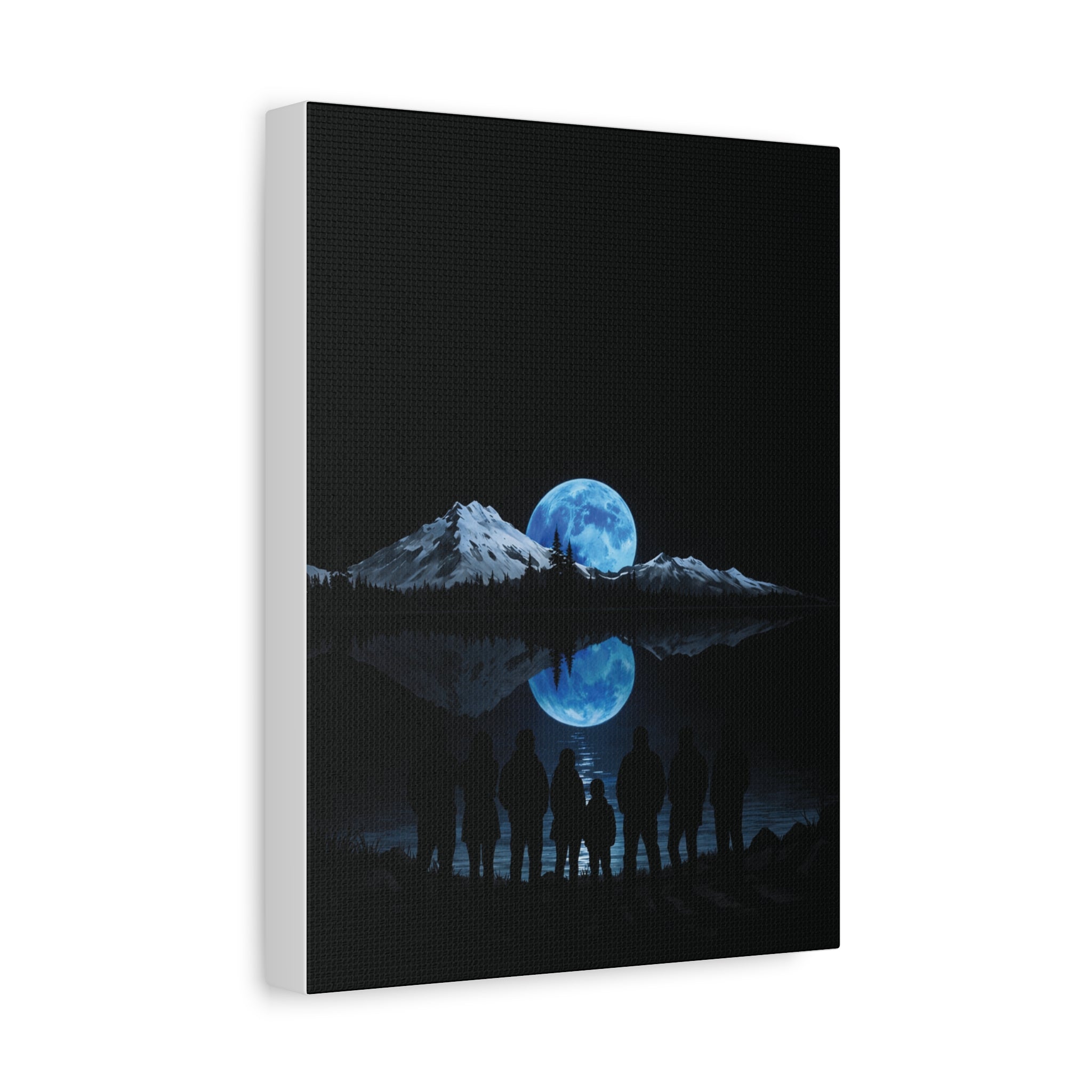 Blue Moon Mountain Canvas Print — Family Silhouette Nightscape Wall Art