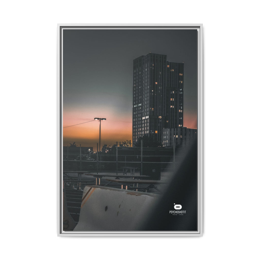 Framed Matte Canvas Print — Urban Sunset High-Rise Photography