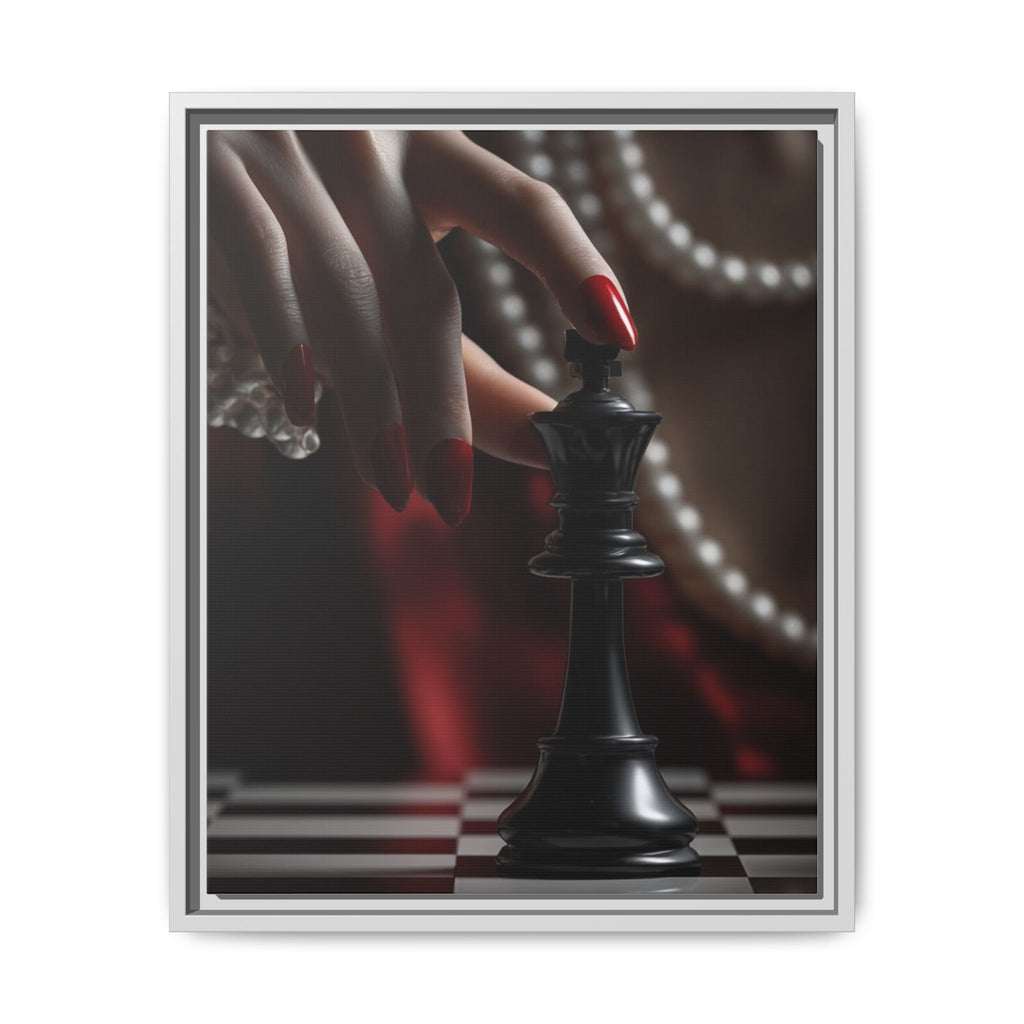 Framed Matte Canvas Art — Femme Hand & Chess King (Pearls, Noir Glam)
