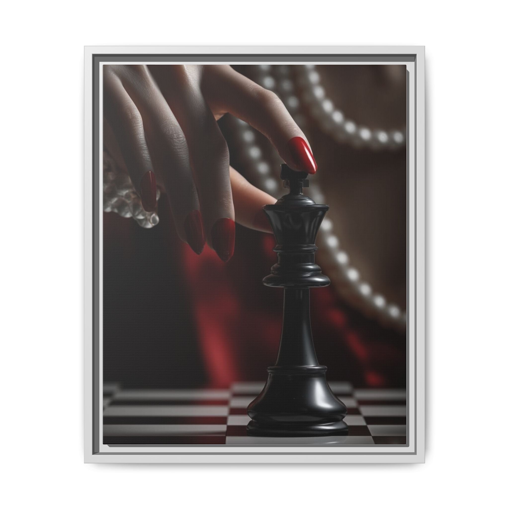 Framed Matte Canvas Art — Femme Hand & Chess King (Pearls, Noir Glam)