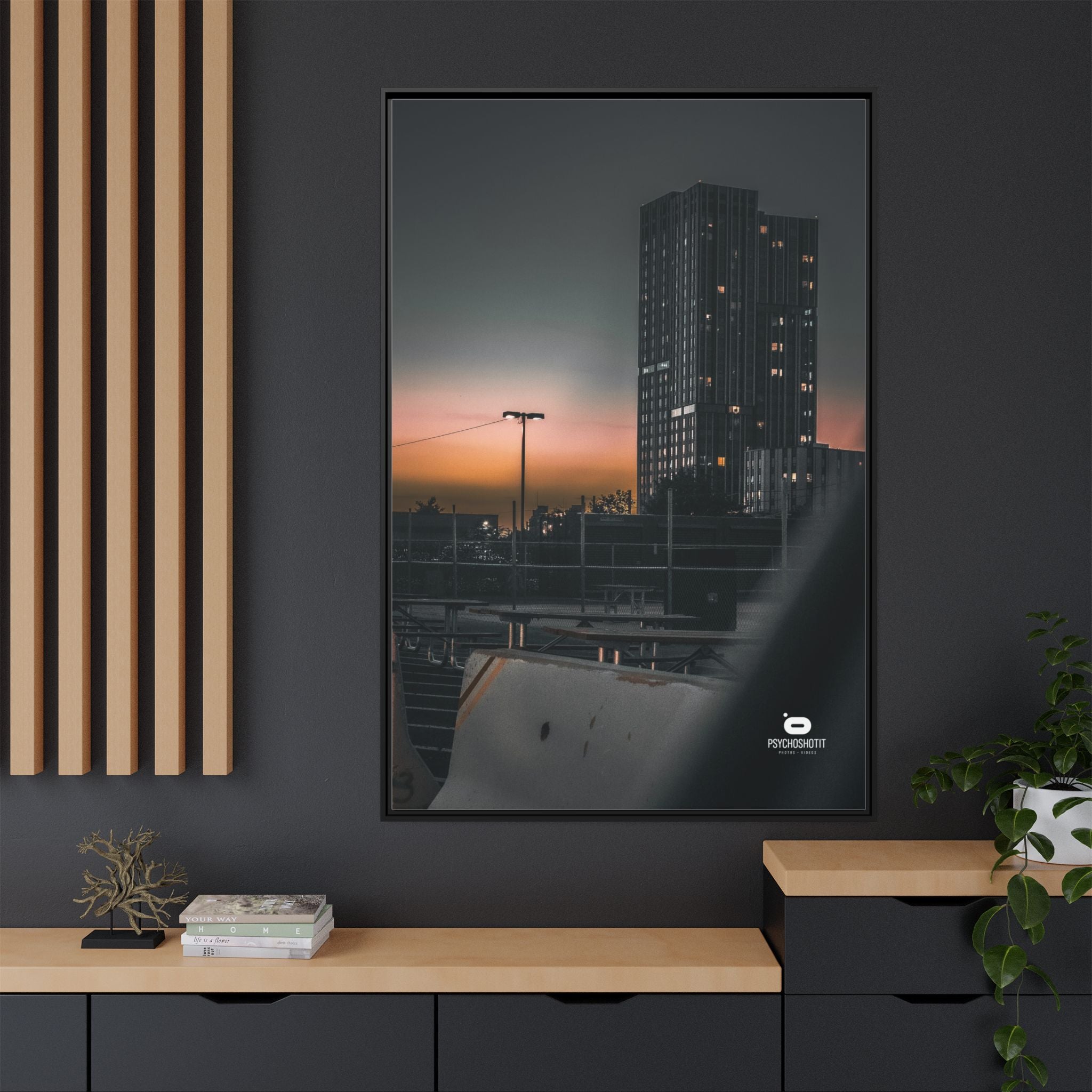 Framed Matte Canvas Print — Urban Sunset High-Rise Photography