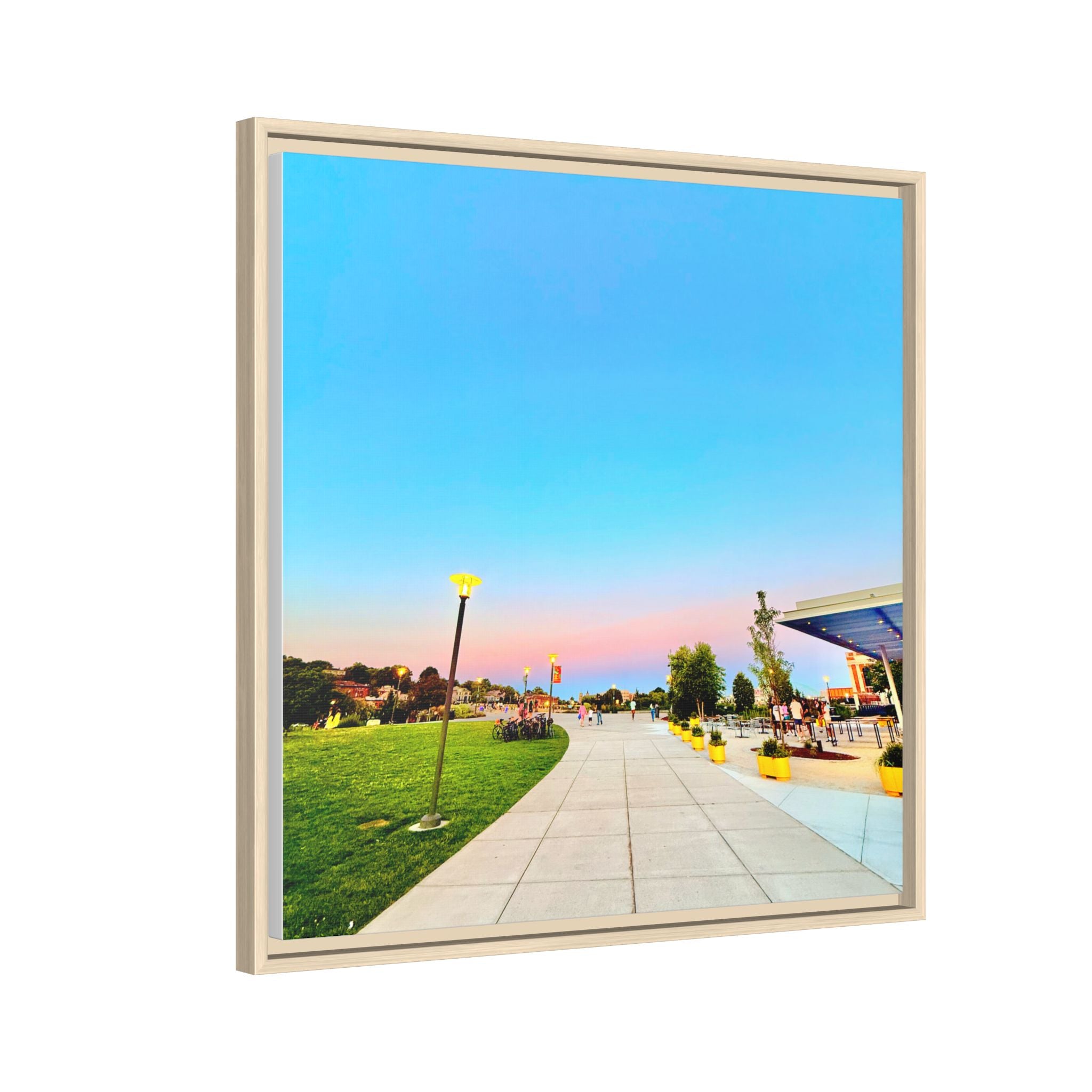 Sunset Promenade Matte Framed Canvas — Pastel Sky Walkway Wall Art
