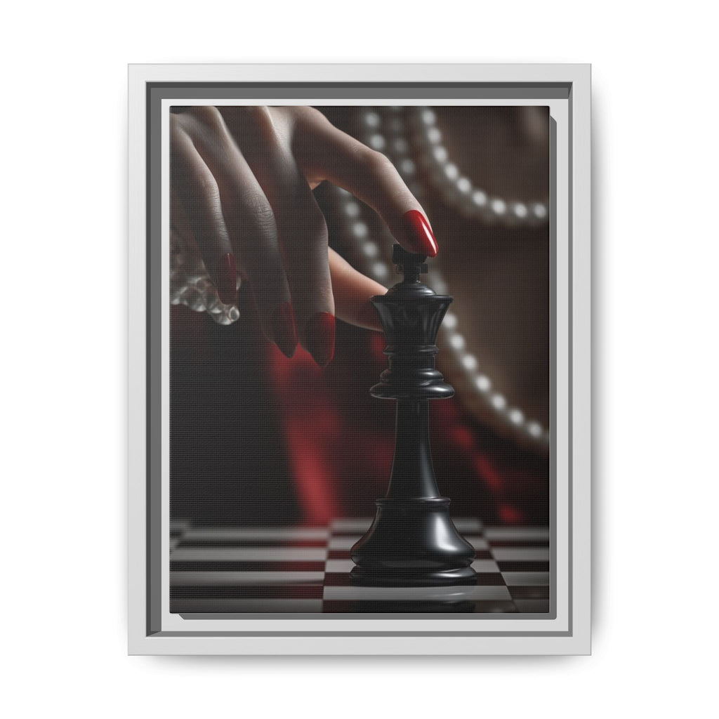 Framed Matte Canvas Art — Femme Hand & Chess King (Pearls, Noir Glam)