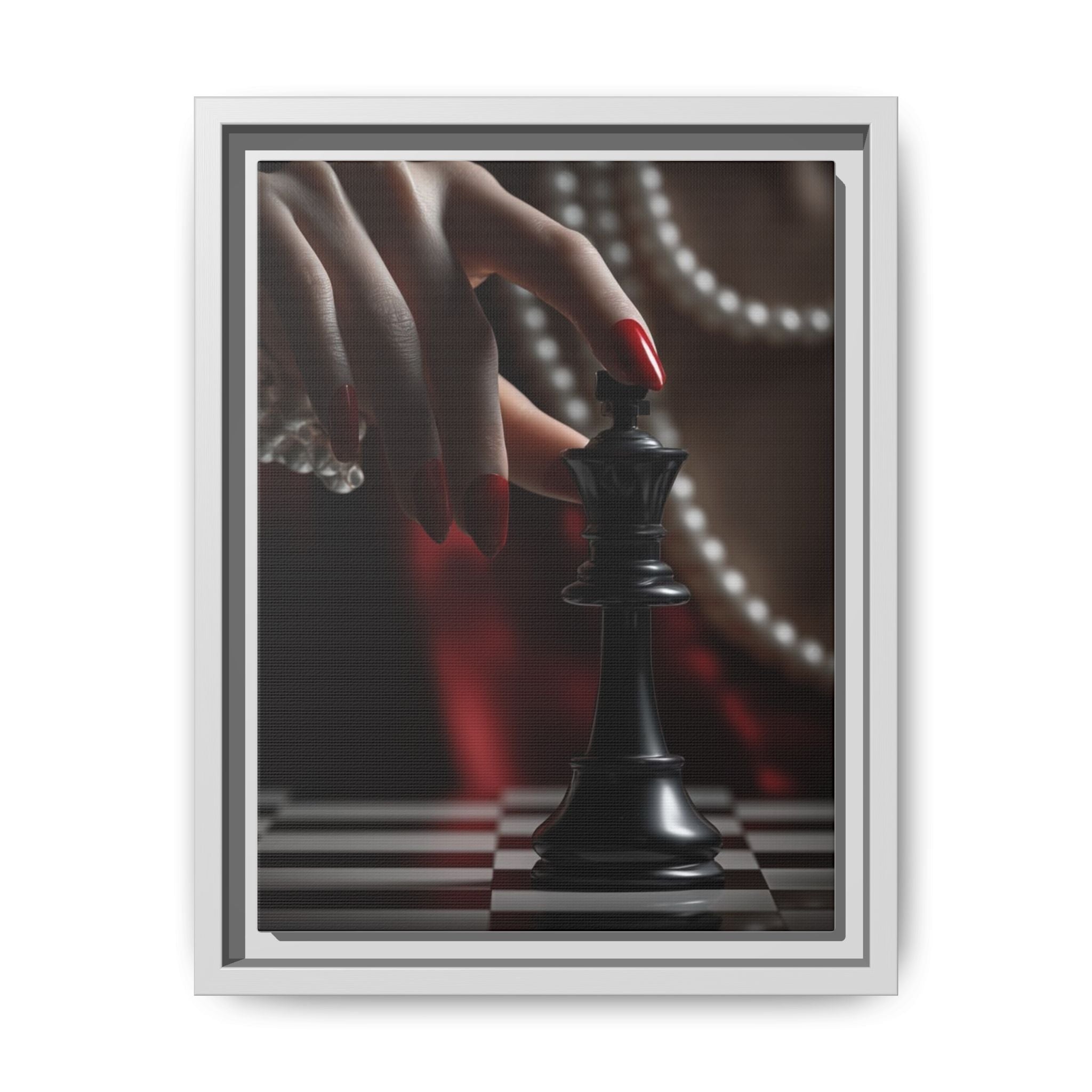 Framed Matte Canvas Art — Femme Hand & Chess King (Pearls, Noir Glam)