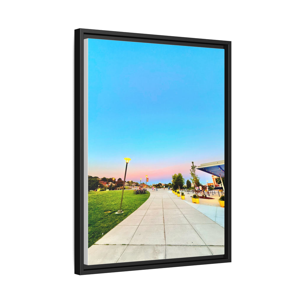 Sunset Promenade Matte Framed Canvas — Pastel Sky Walkway Wall Art