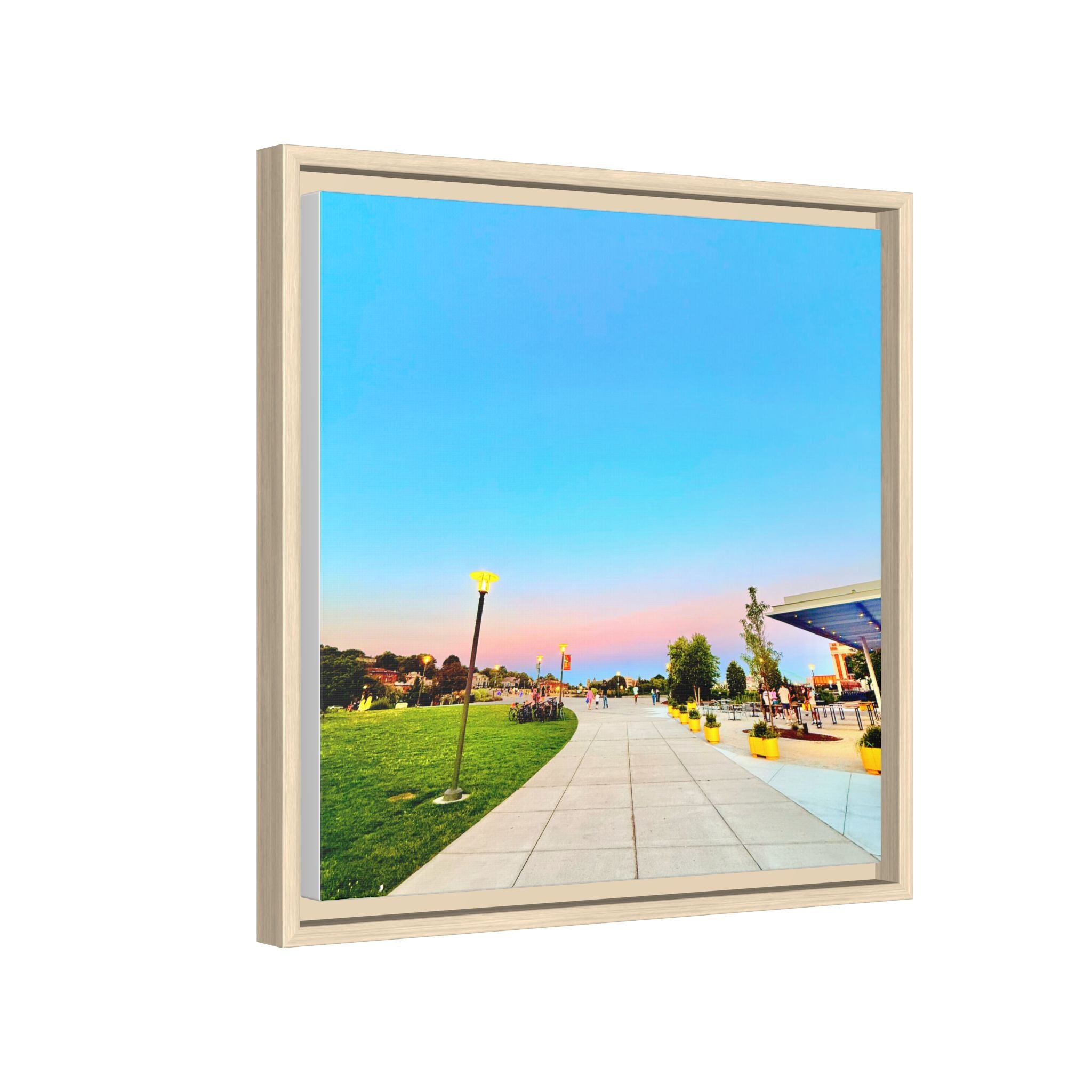 Sunset Promenade Matte Framed Canvas — Pastel Sky Walkway Wall Art