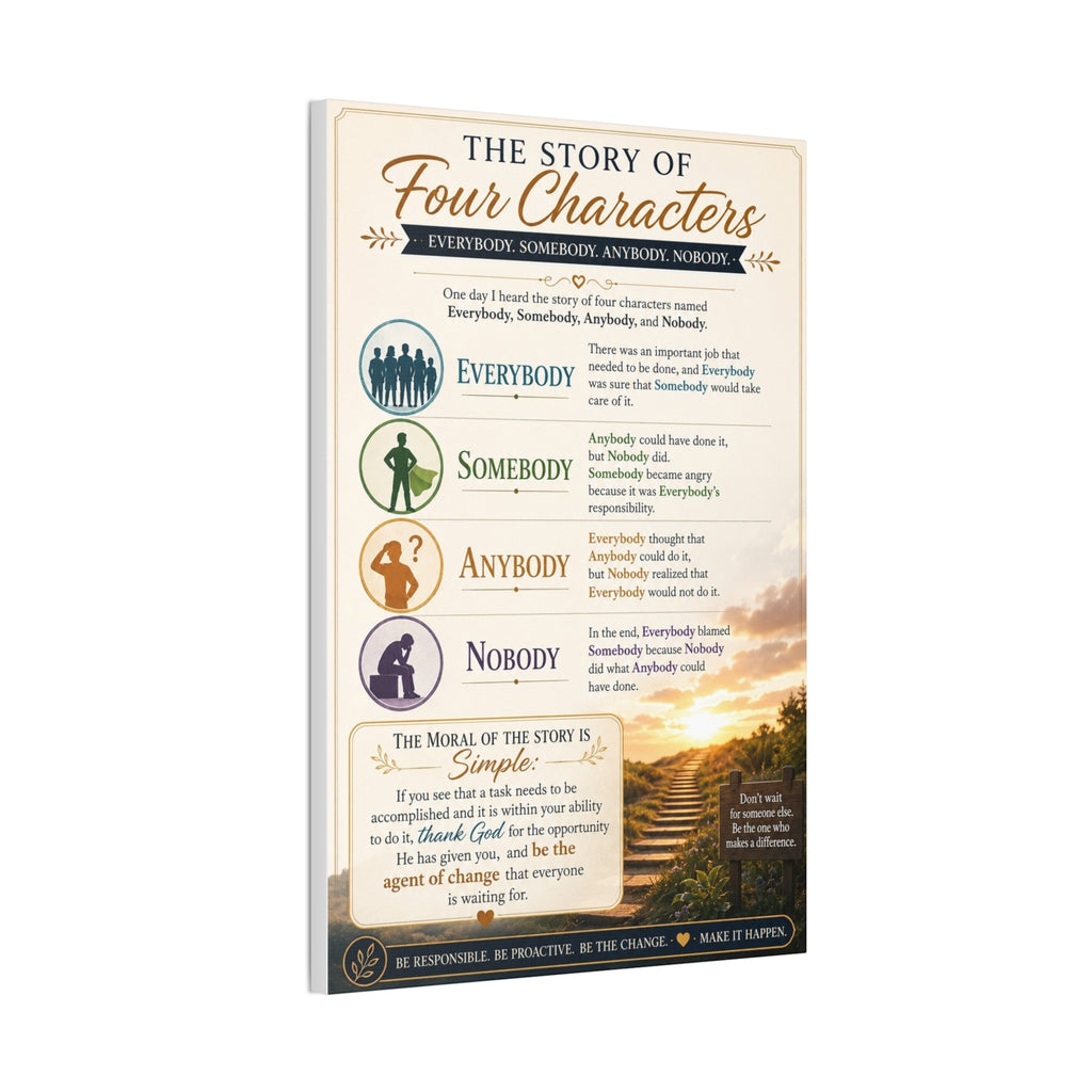 The Story of Four Characters Canvas Wall Art — Inspirational Everybody Somebody Anybody Nobody Print
