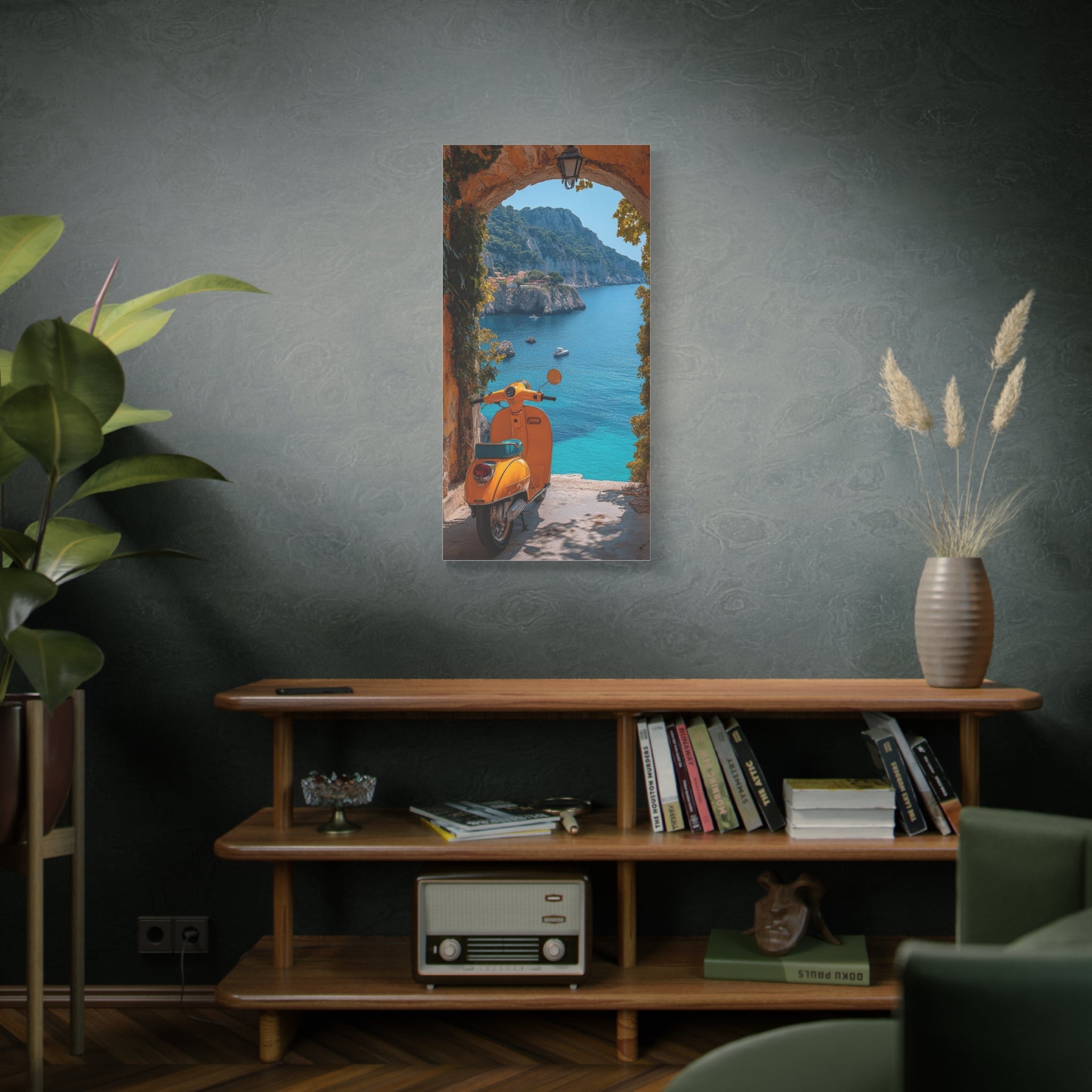 Mediterranean Scooter Canvas Print – Sunny Coastal Archway Wall Art