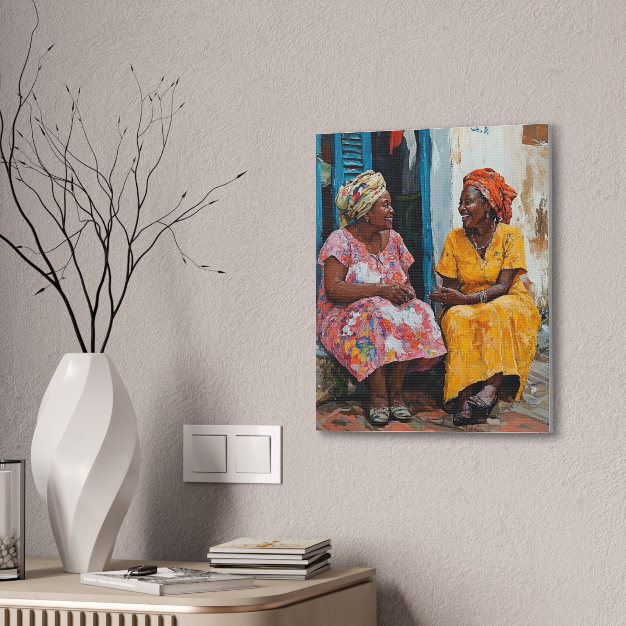 Colorful Conversation — Stretched Canvas Wall Art (Two Women Painting)