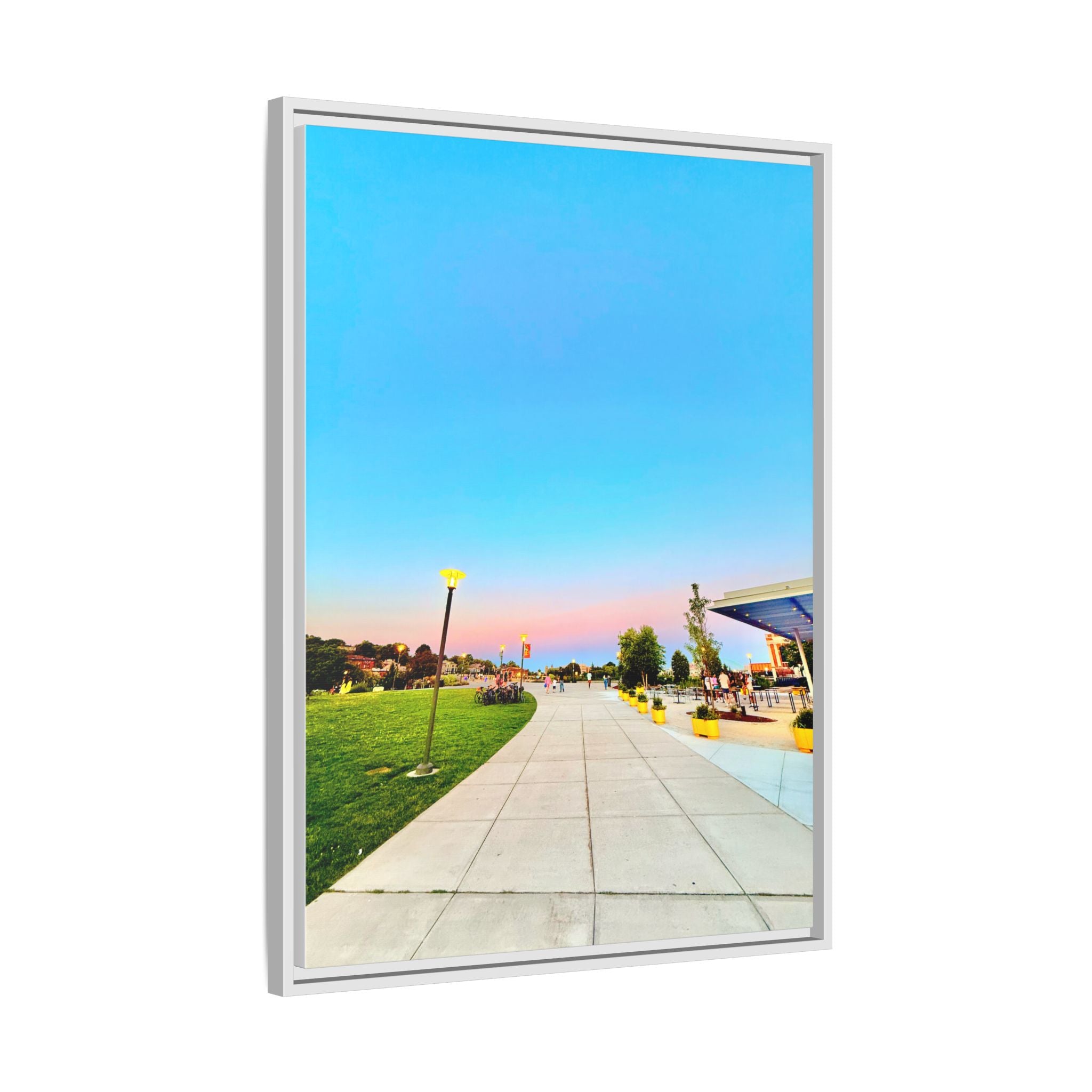 Sunset Promenade Matte Framed Canvas — Pastel Sky Walkway Wall Art