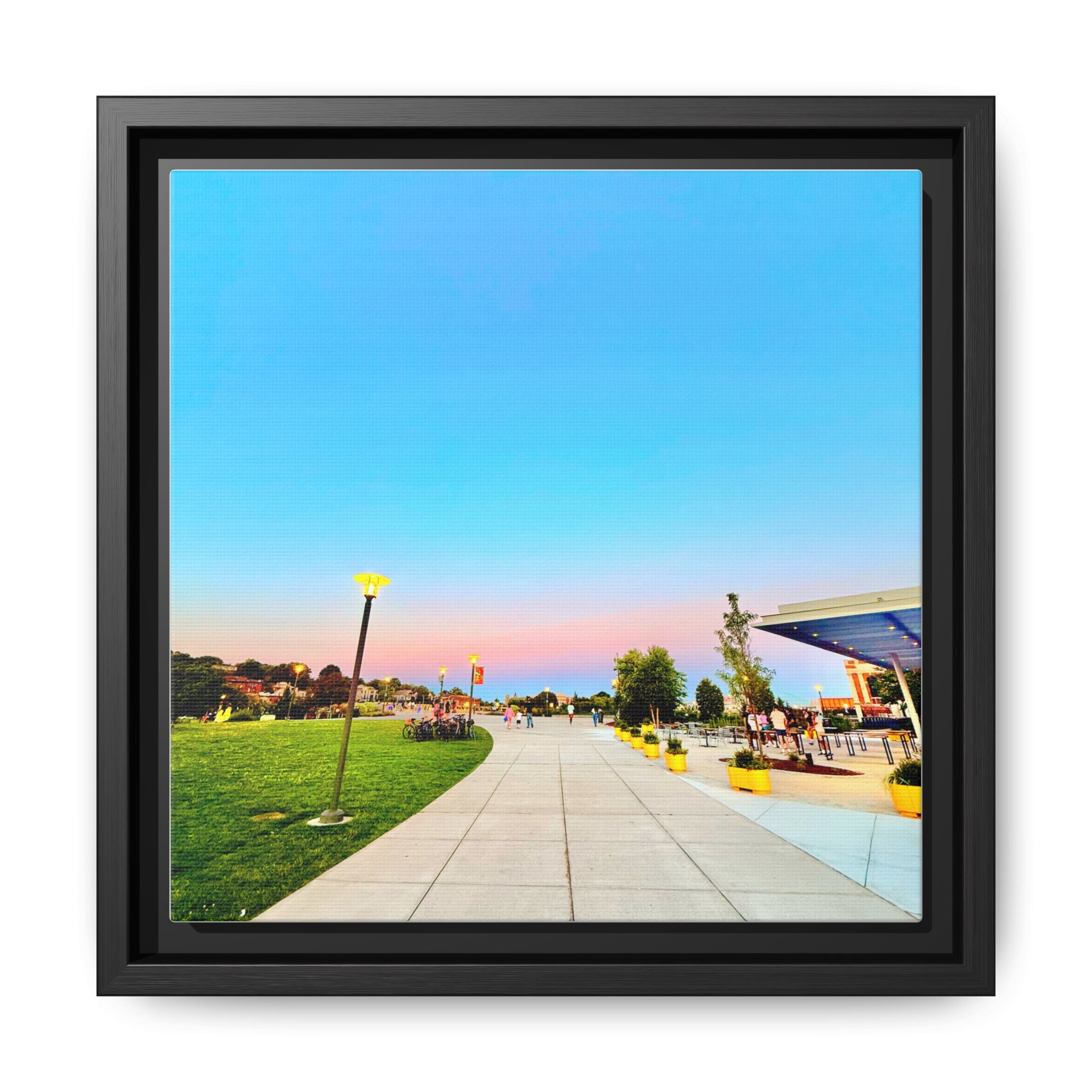 Sunset Promenade Matte Framed Canvas — Pastel Sky Walkway Wall Art