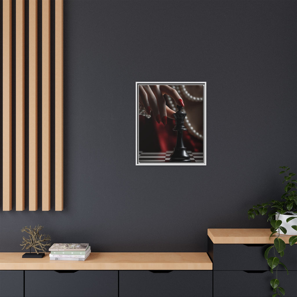 Framed Matte Canvas Art — Femme Hand & Chess King (Pearls, Noir Glam)