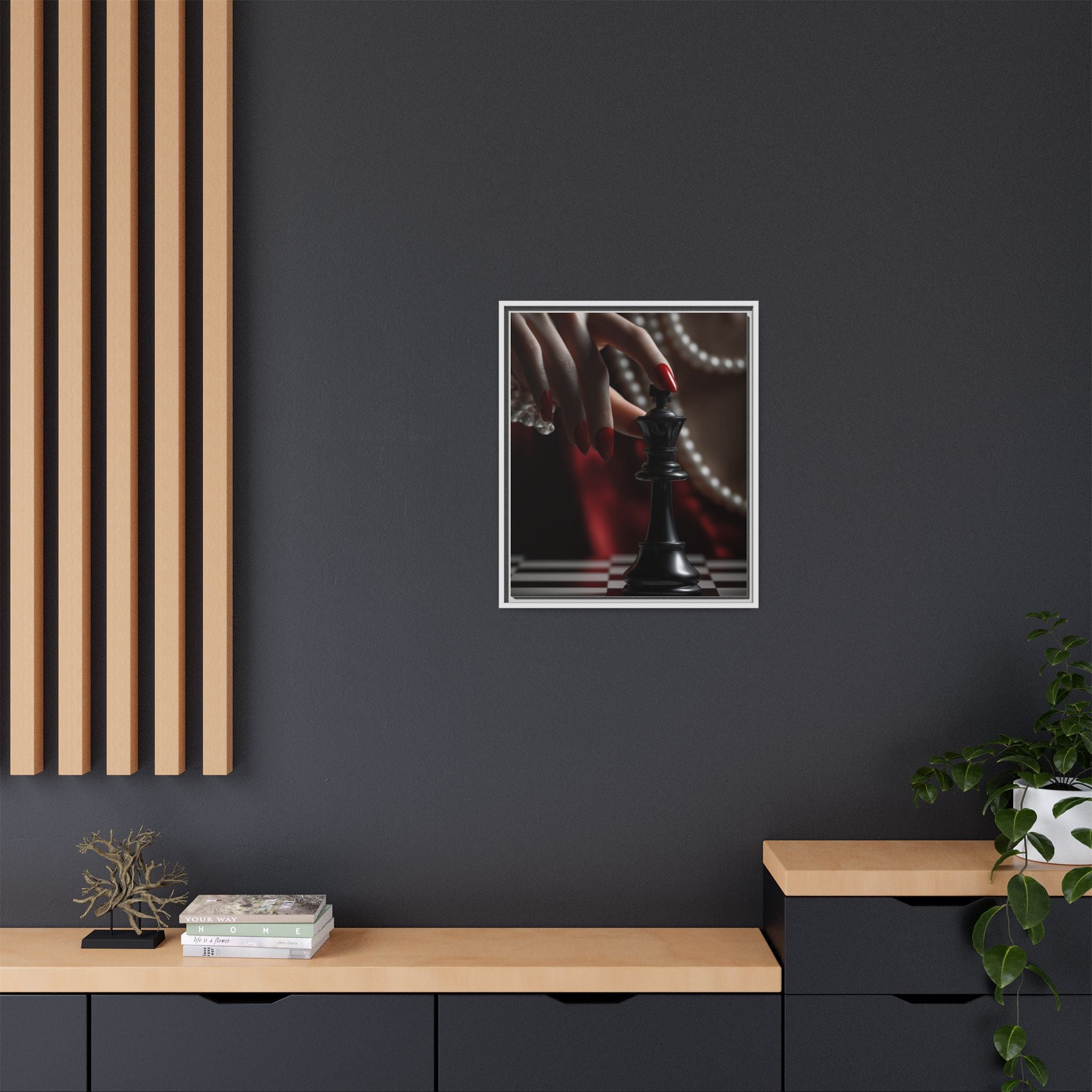 Framed Matte Canvas Art — Femme Hand & Chess King (Pearls, Noir Glam)