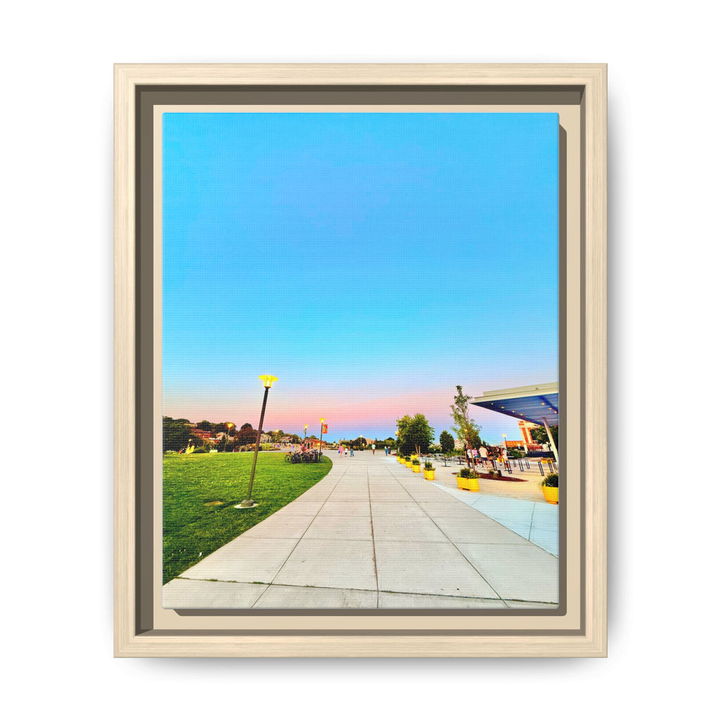 Sunset Promenade Matte Framed Canvas — Pastel Sky Walkway Wall Art