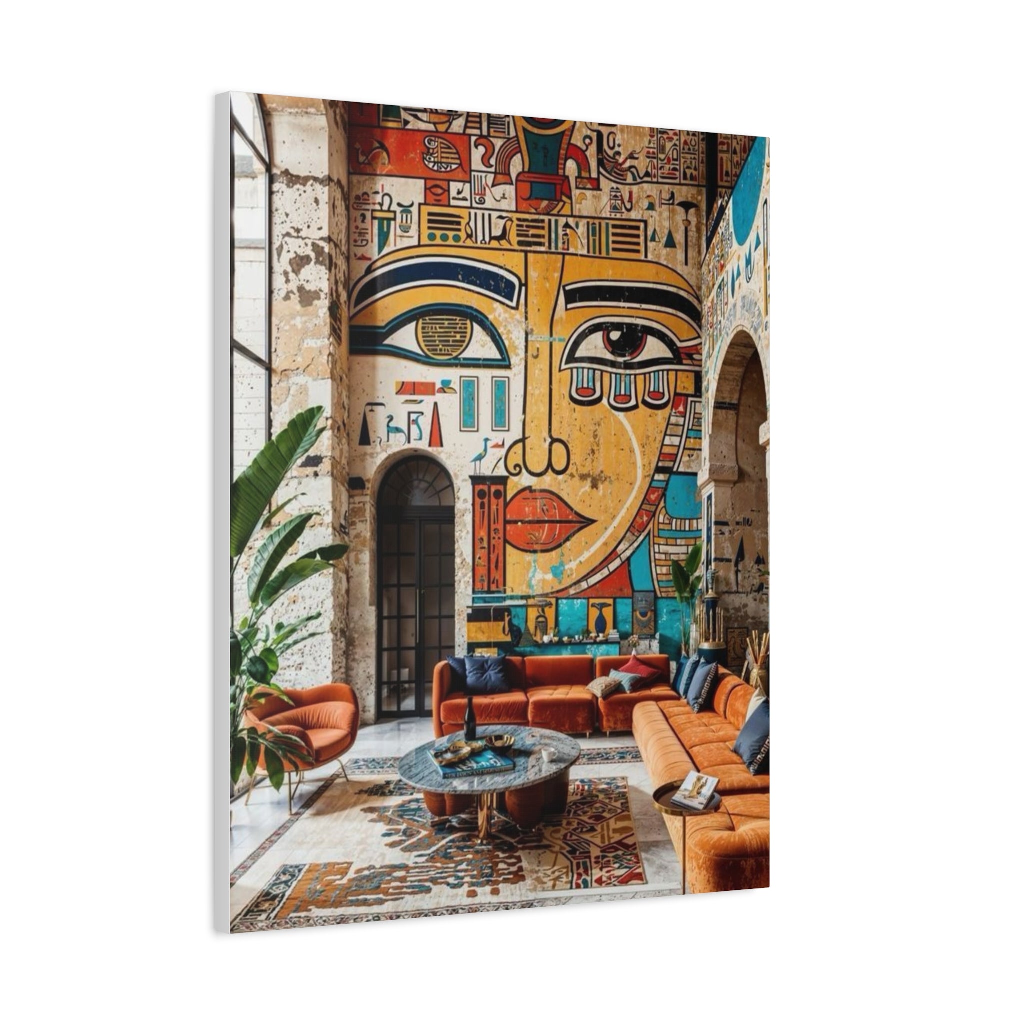 Egyptian Mural Face Matte Canvas Wall Art – Bohemian Living Room Decor