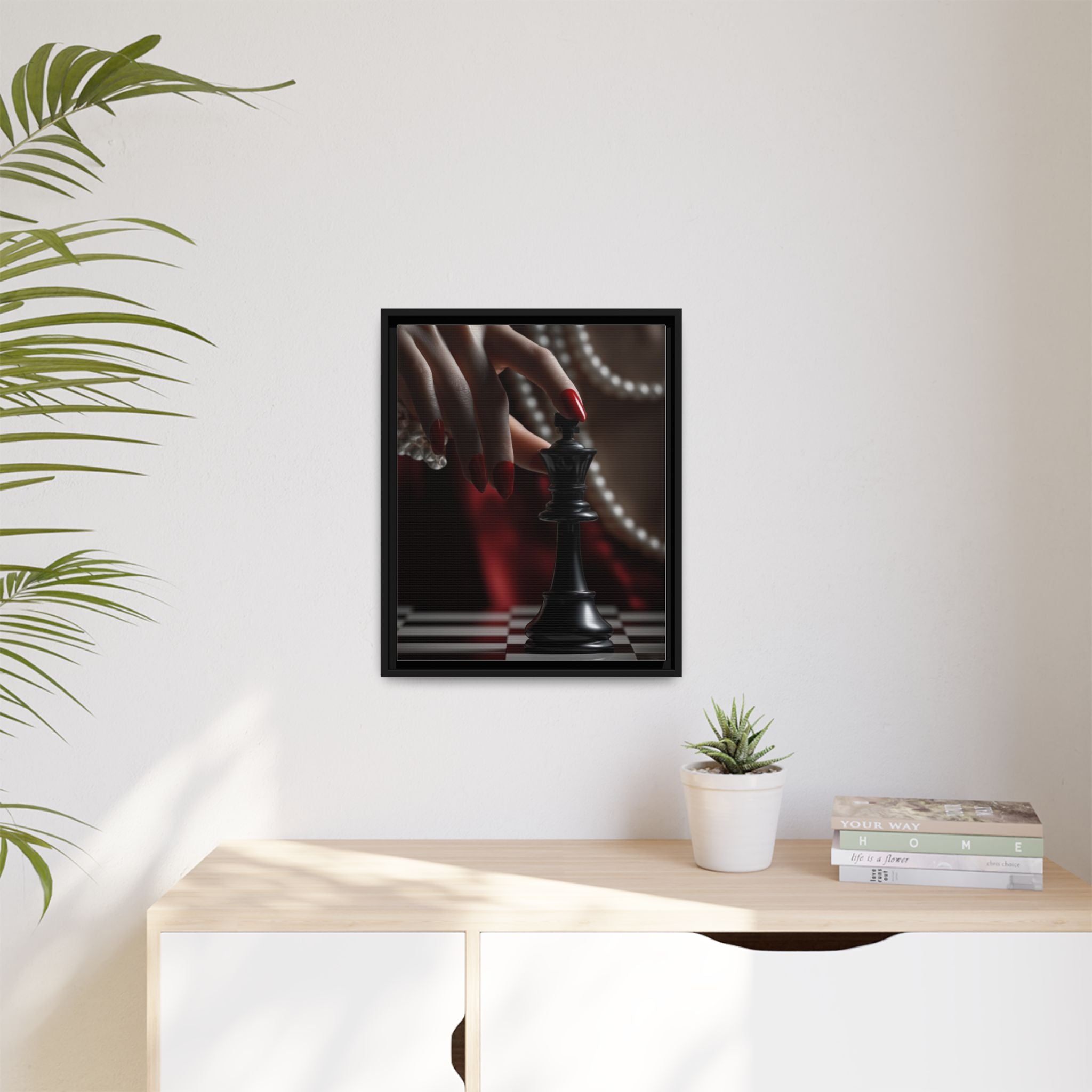 Framed Matte Canvas Art — Femme Hand & Chess King (Pearls, Noir Glam)