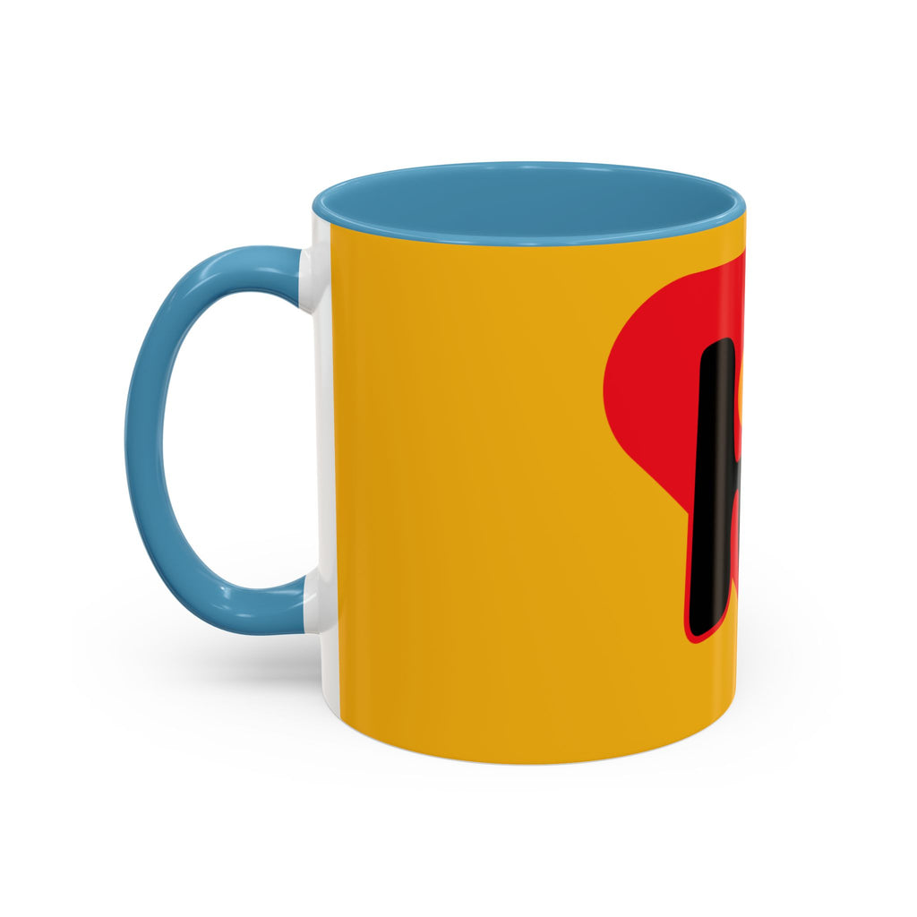 Retro Bold 'k' Accent Coffee Mug — Yellow & Red Graphic Ceramic