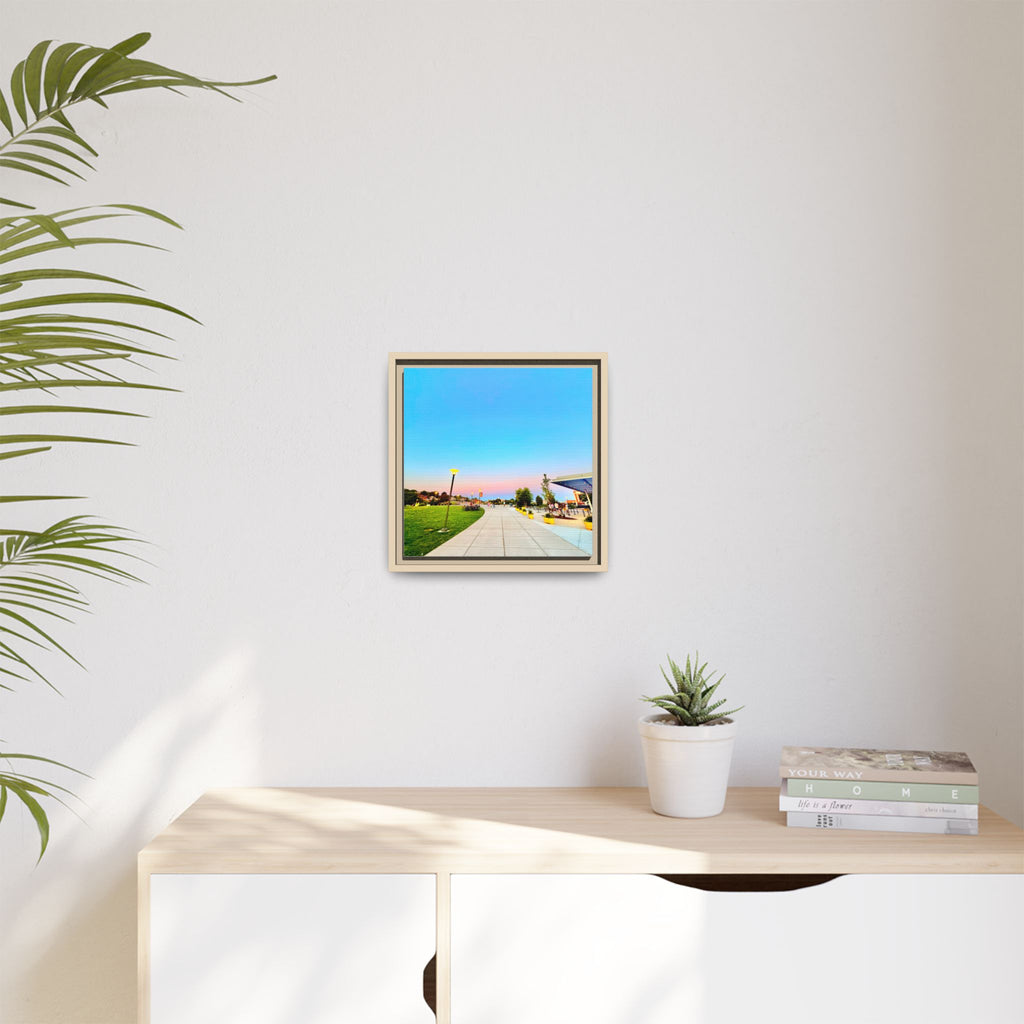 Sunset Promenade Matte Framed Canvas — Pastel Sky Walkway Wall Art