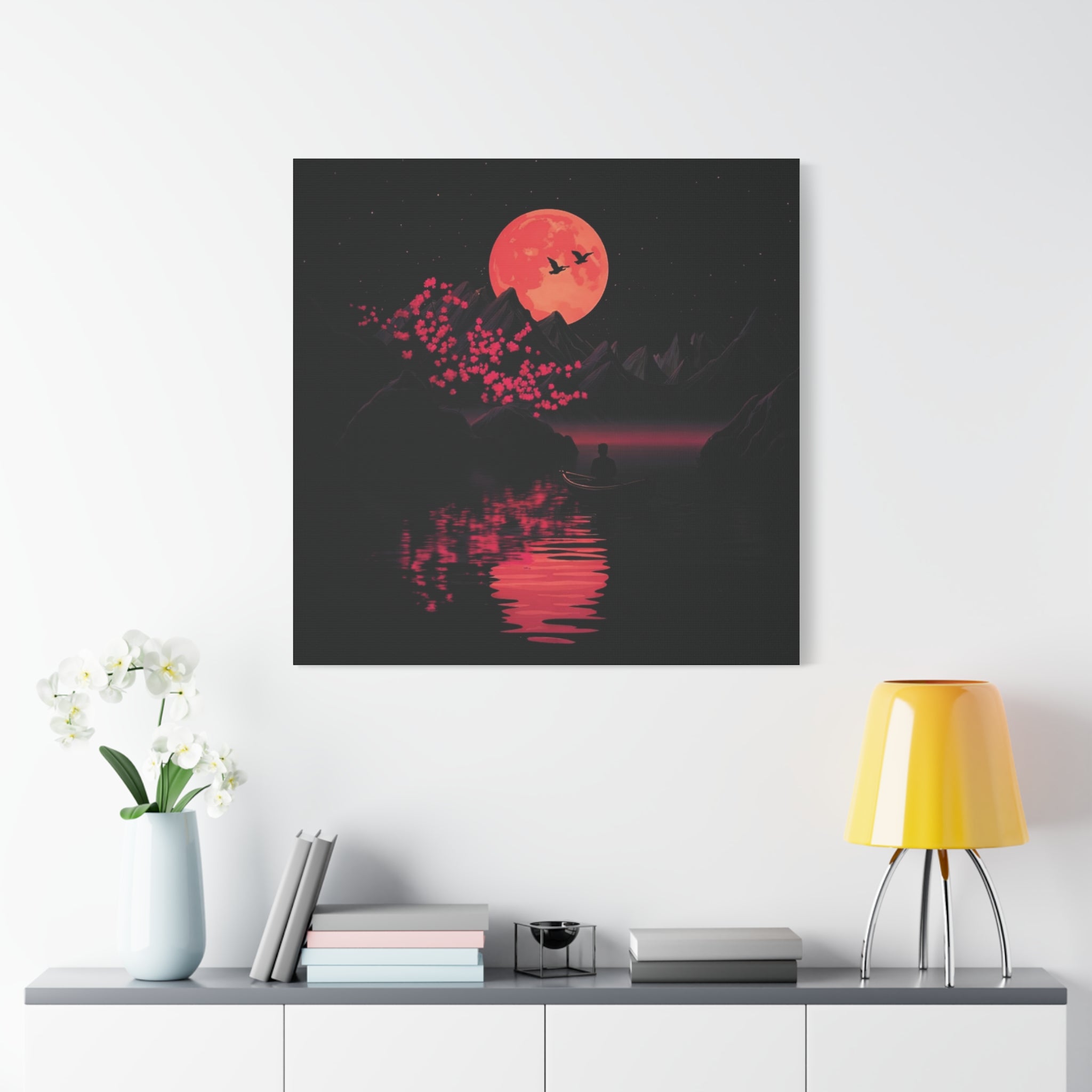 Moonlit Sakura Canvas Wall Art — Red Moon Reflection Matte Stretched Print