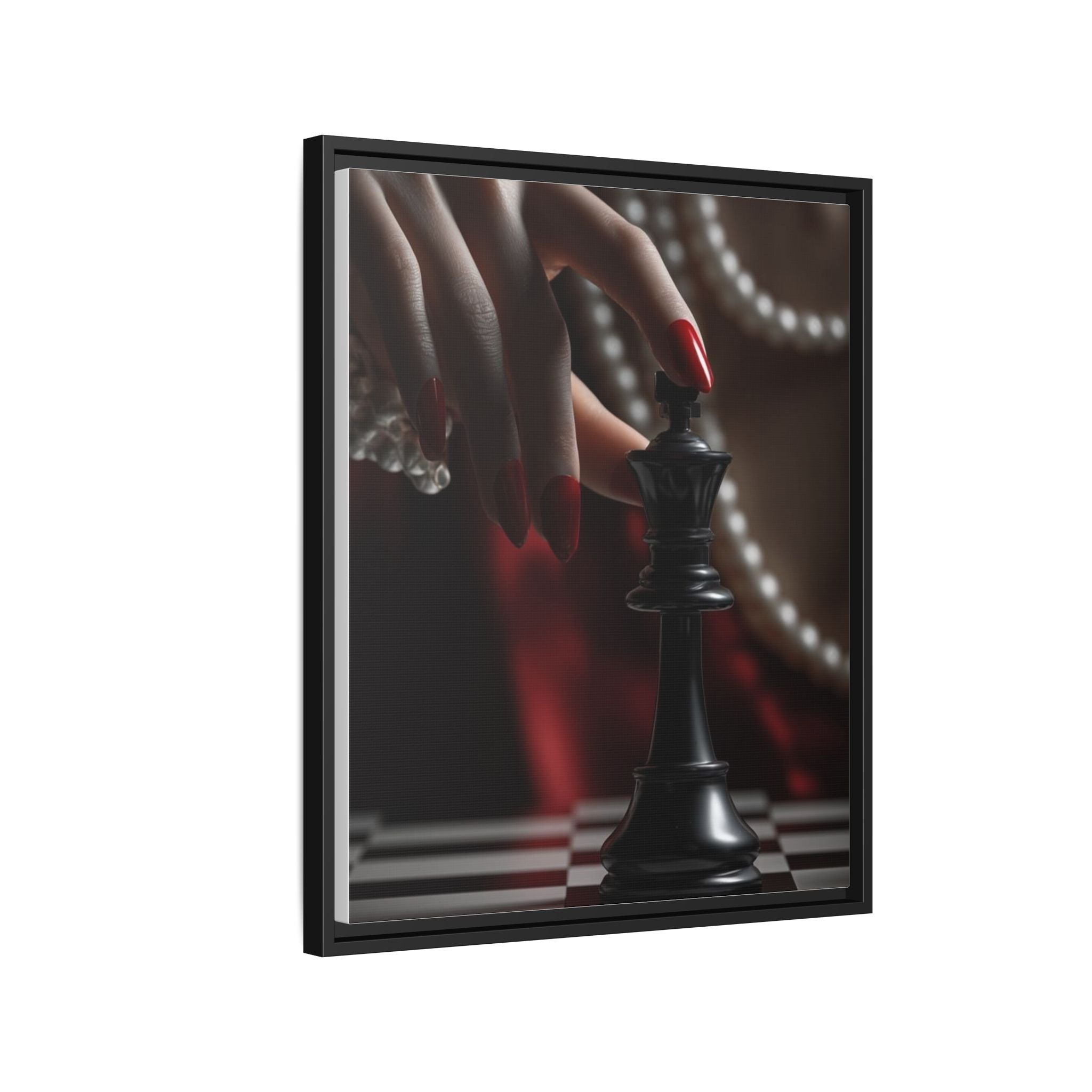 Framed Matte Canvas Art — Femme Hand & Chess King (Pearls, Noir Glam)