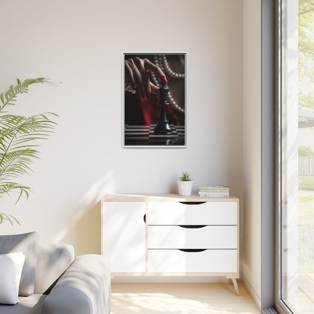 Framed Matte Canvas Art — Femme Hand & Chess King (Pearls, Noir Glam)
