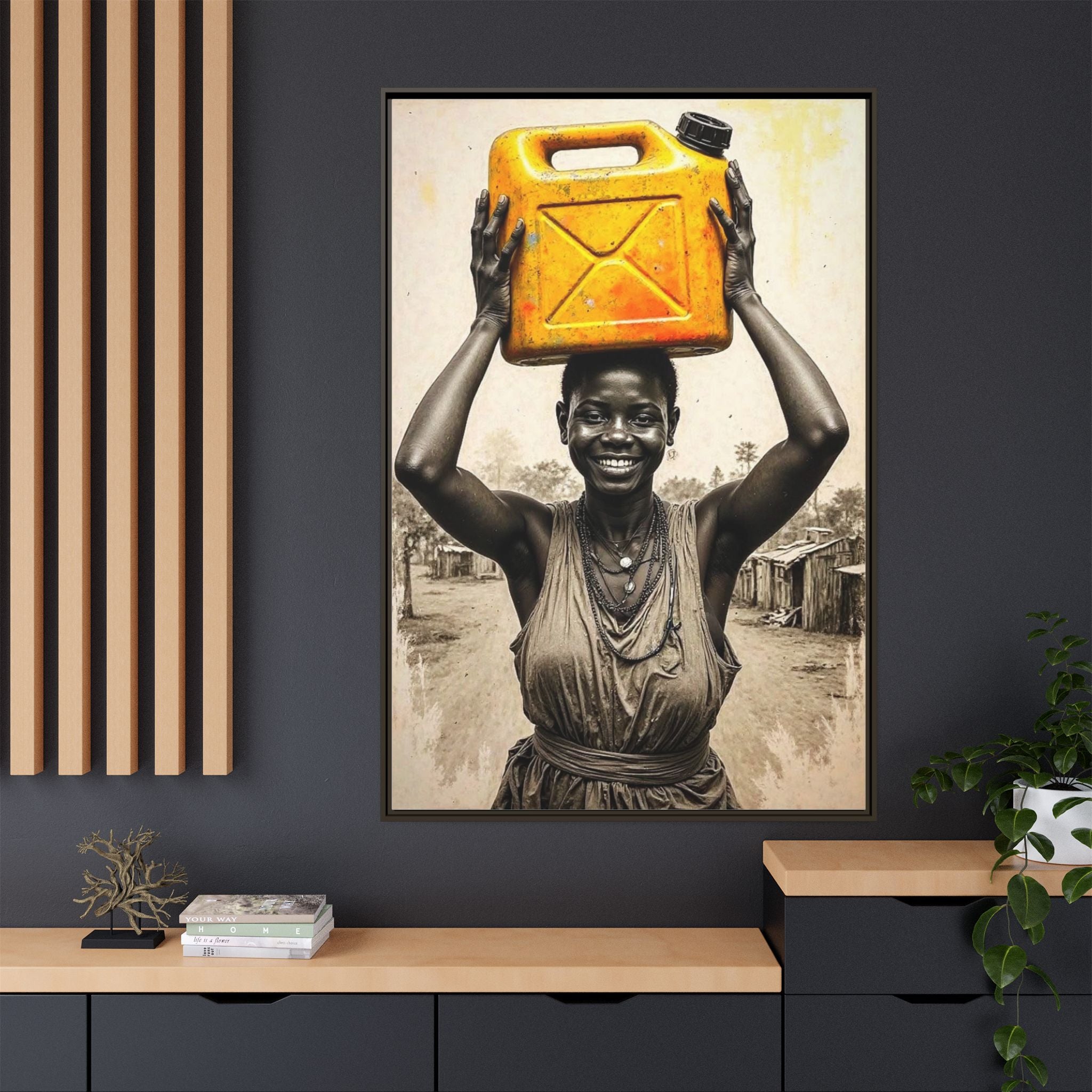 Framed Canvas Art - Joyful Woman Carrying Yellow Water Jerrycan