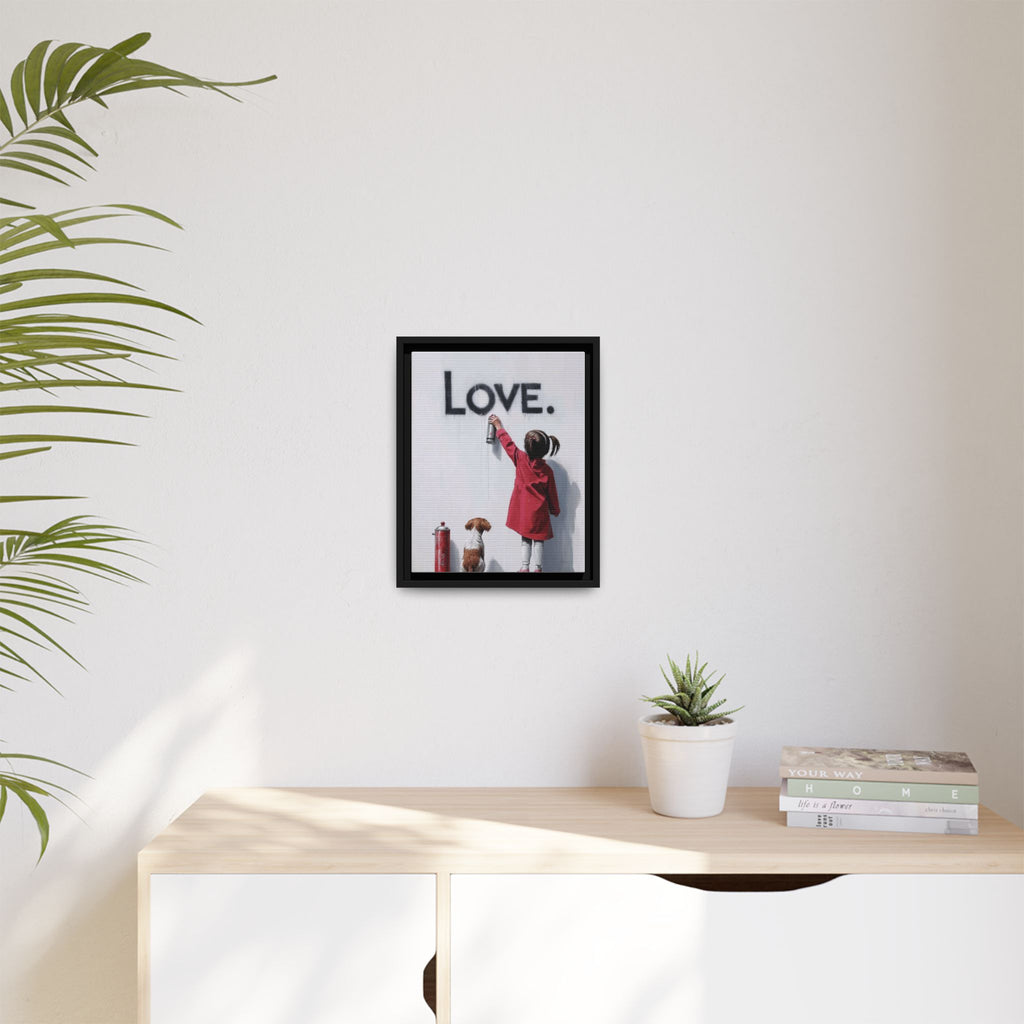 'LOVE.' Girl Spray-Painting with Dog- Framed Canvas Art