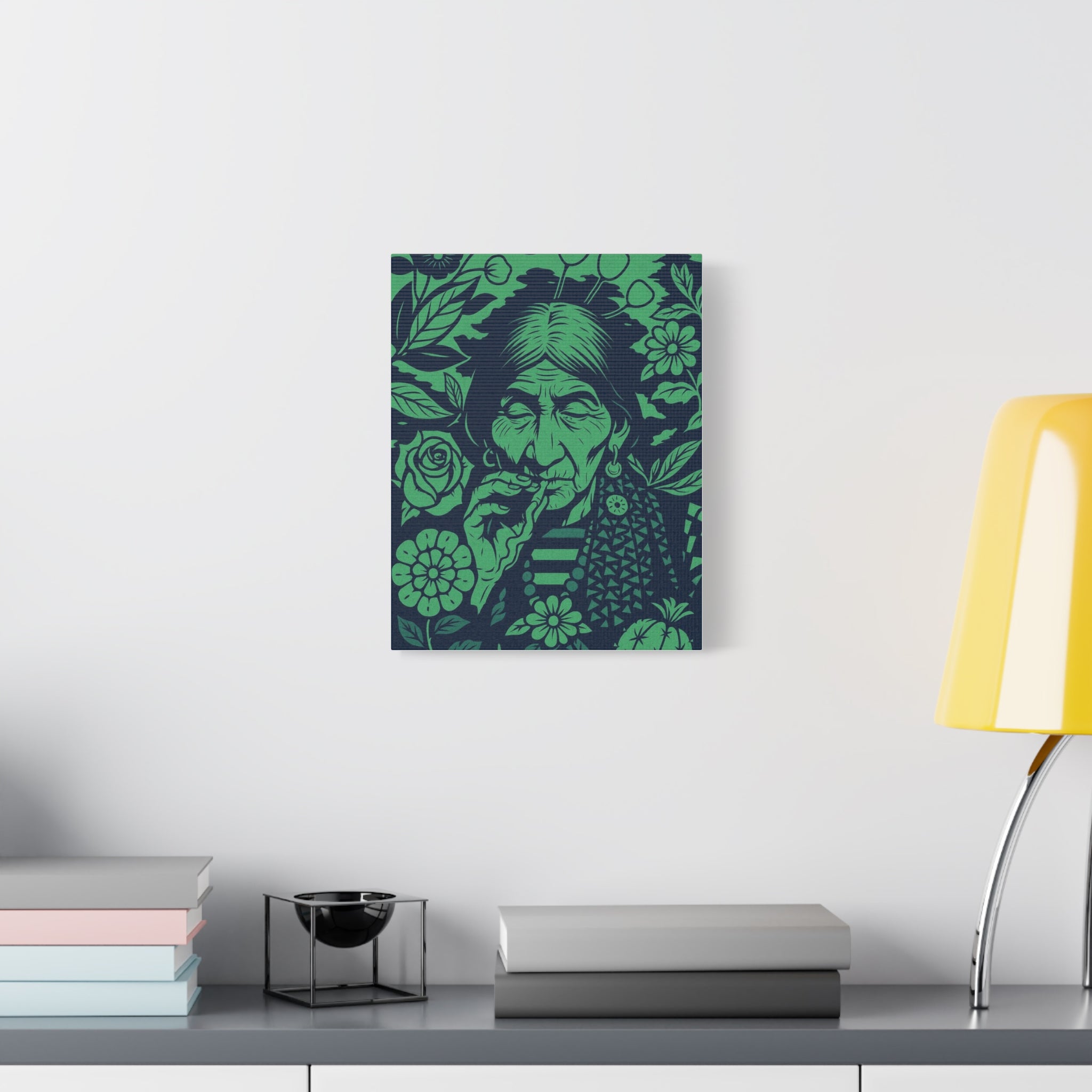Vintage Smoking Woman Art Canvas — Green Floral Stretched Wall Art