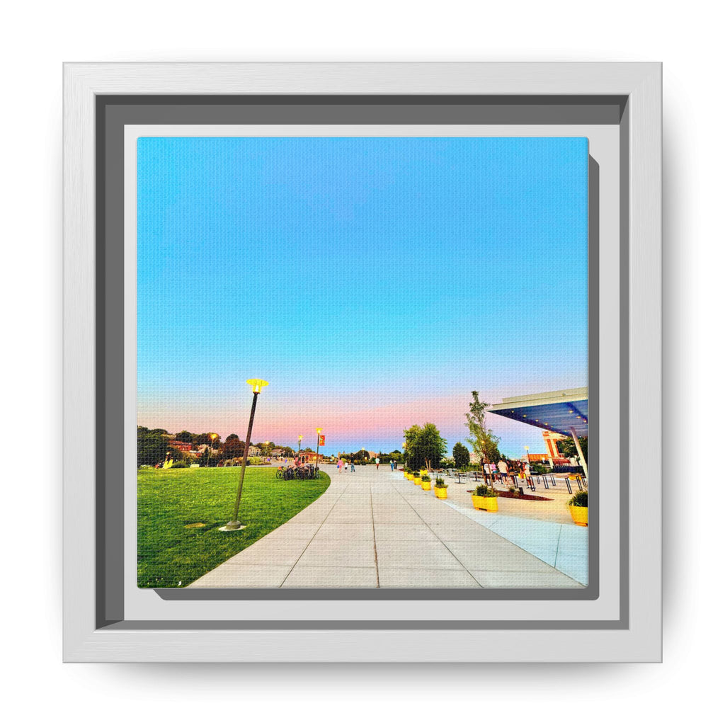 Sunset Promenade Matte Framed Canvas — Pastel Sky Walkway Wall Art